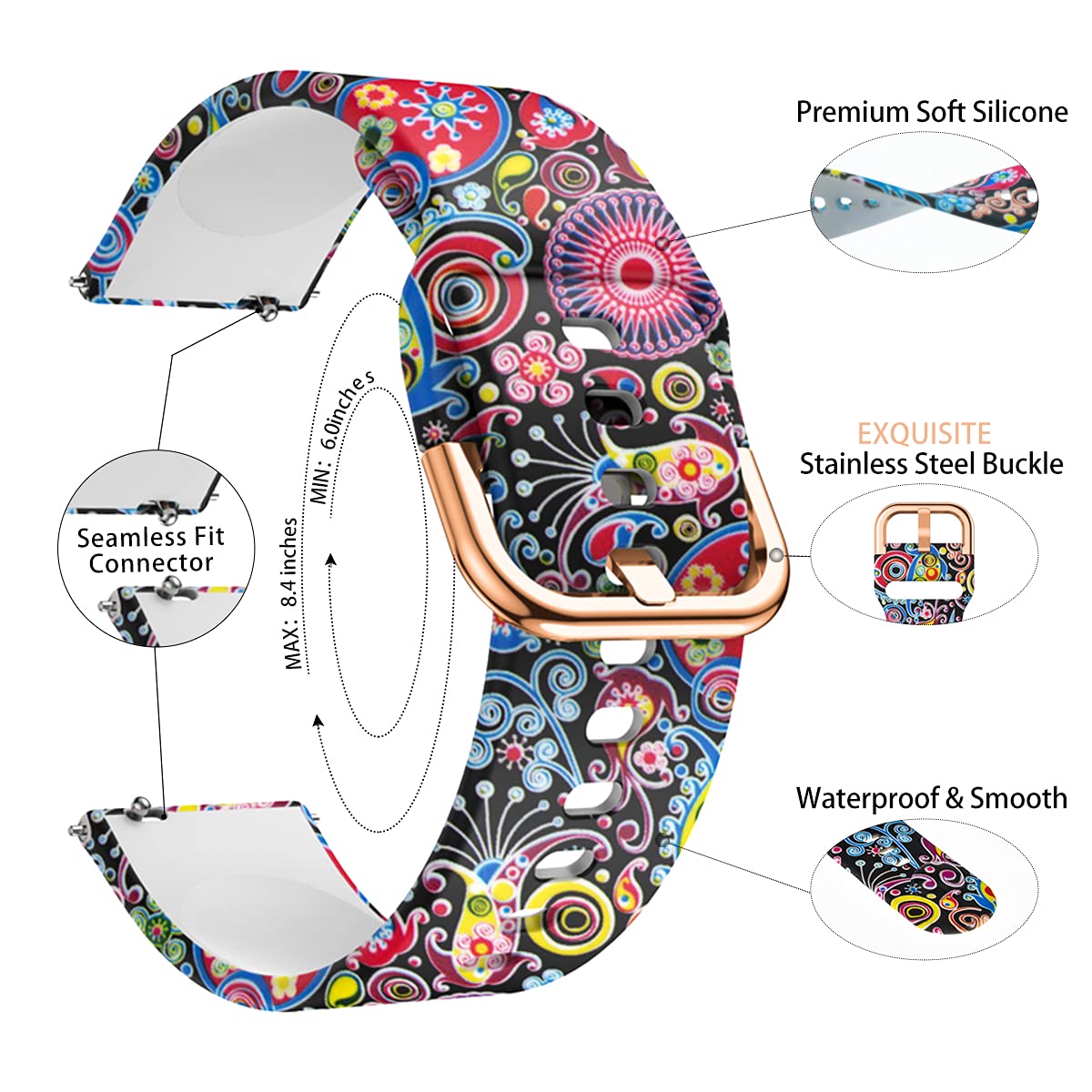 Toolaik Floral Watch Bands Compatible With Samsung Galaxy Watch 7 6 5 4 Active 2 40Mm /44Mm,Active Watch Band 40Mm, 20Mm Silicon