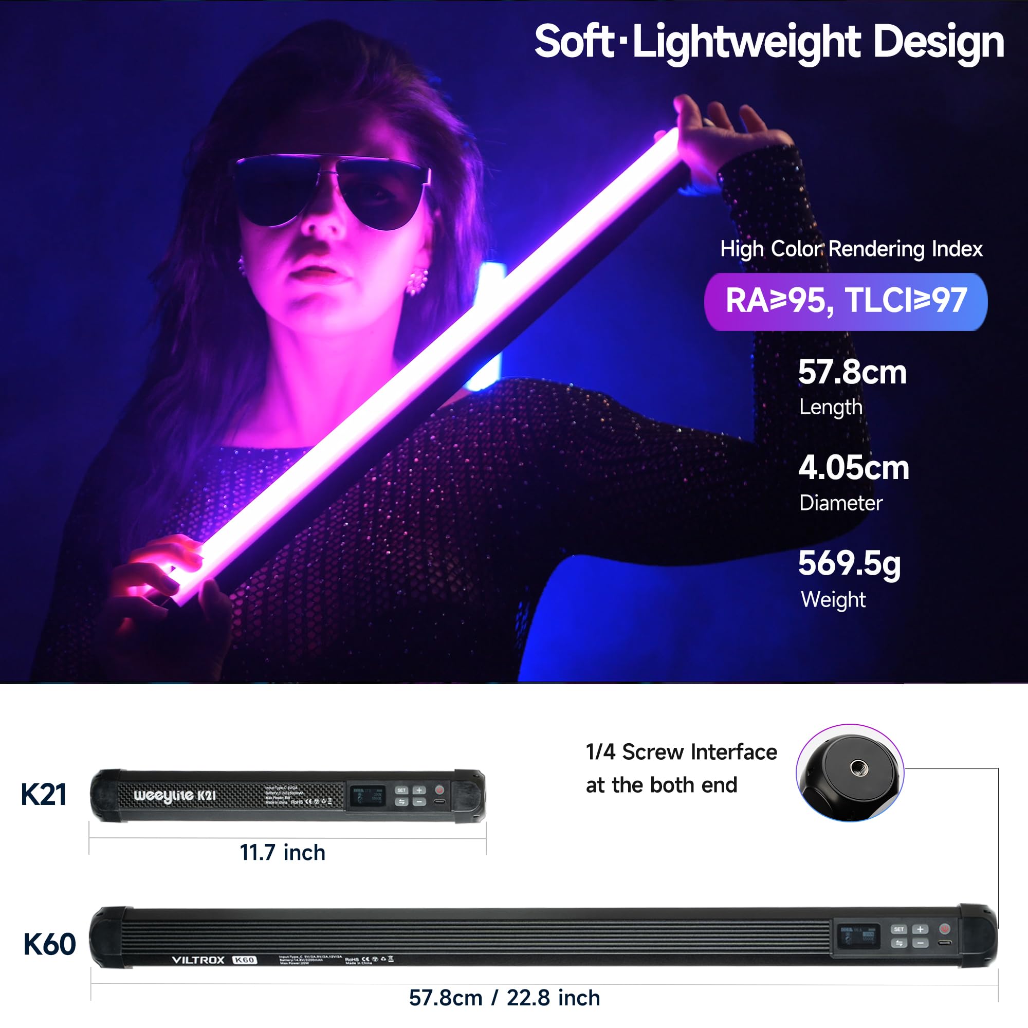 Viltrox K60 2 Pack Large Handheld Stick Light, 32Wh Rechargeable Battery 20W 1950Lm Rgb Led Video Light W Pd Fast Charging Cri 9