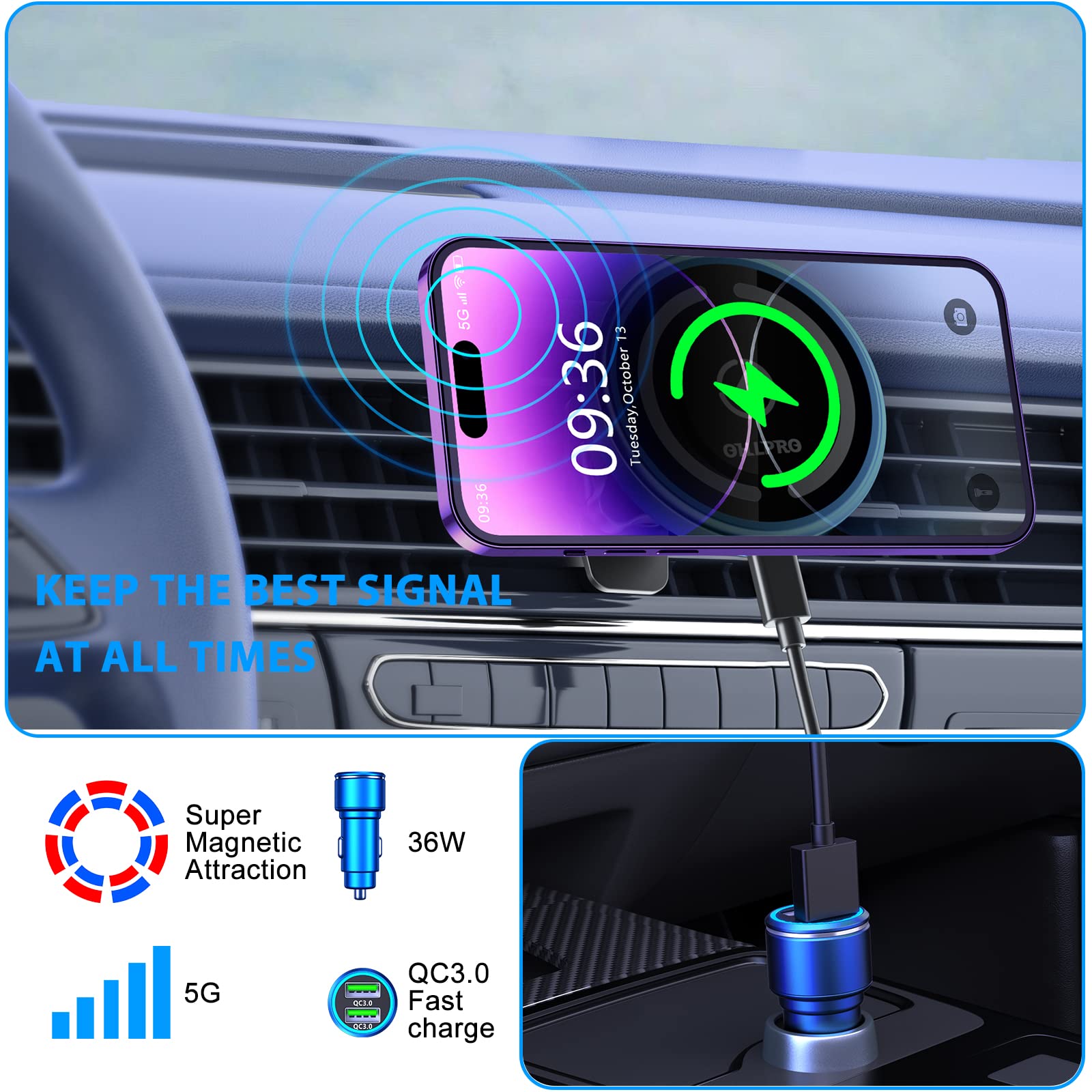 Ohlpro For Iphone16 Magsafe Car Mount Charger, 15W Fast Charging Dashboard Magnetic Car Phone Holder - Vent Clip And 3M Adhesive