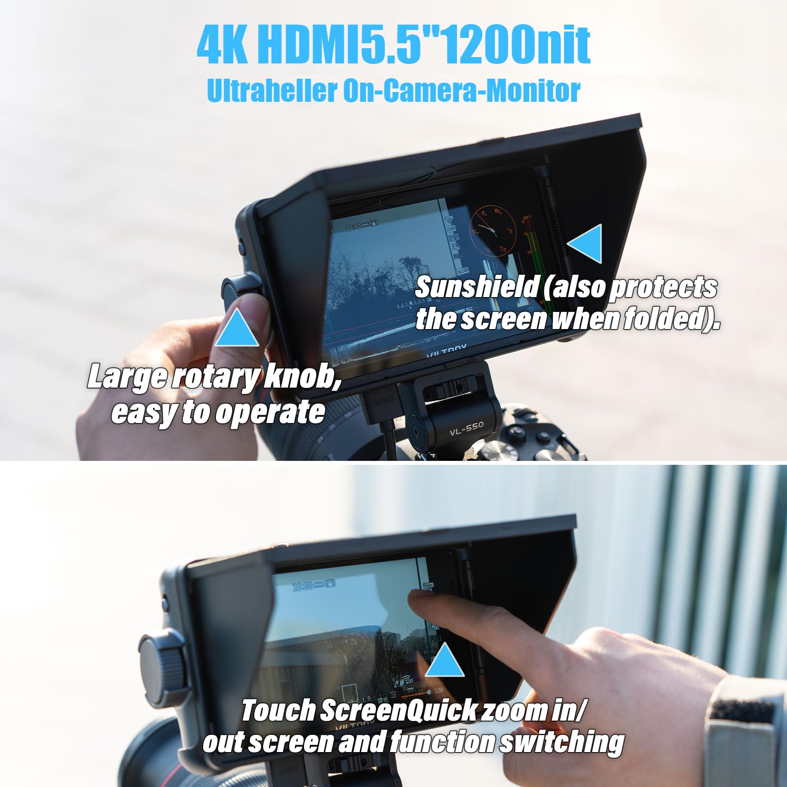 Viltrox Dc550 5.5'' Full Hd Hdmi On Camera Monitor Kit, 1200Nit Touch Screen Camera Field Monitor With Hood, Battery, Storage Ba