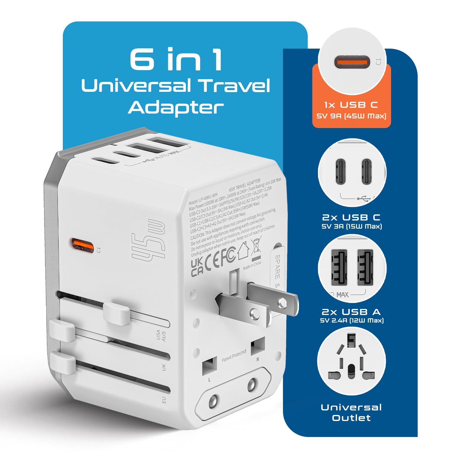 Ceptics Universal Travel Adapter W/ 2X Usb A And 3X Usb C, 6 In 1 Travel Adapter 45W For Global Use, International Adapter For M