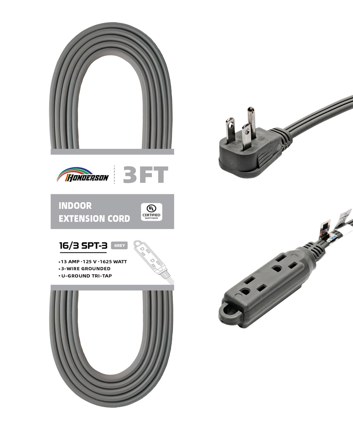 Honderson 3 Outlets Flat Plug Extension Cord Outlet Extender, Ul Listed, Indoor Extension Cord 16 Gauge 3Ft Grey 3 Prong, 16/3 S