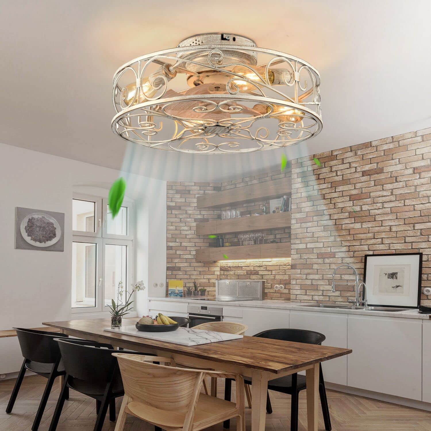 Xudom 20'' Caged Ceiling Fans With Lights And Remote, Bladeless Ceiling Fan 6 Speed Reversible With 4 Bulbs And Remote Control,F