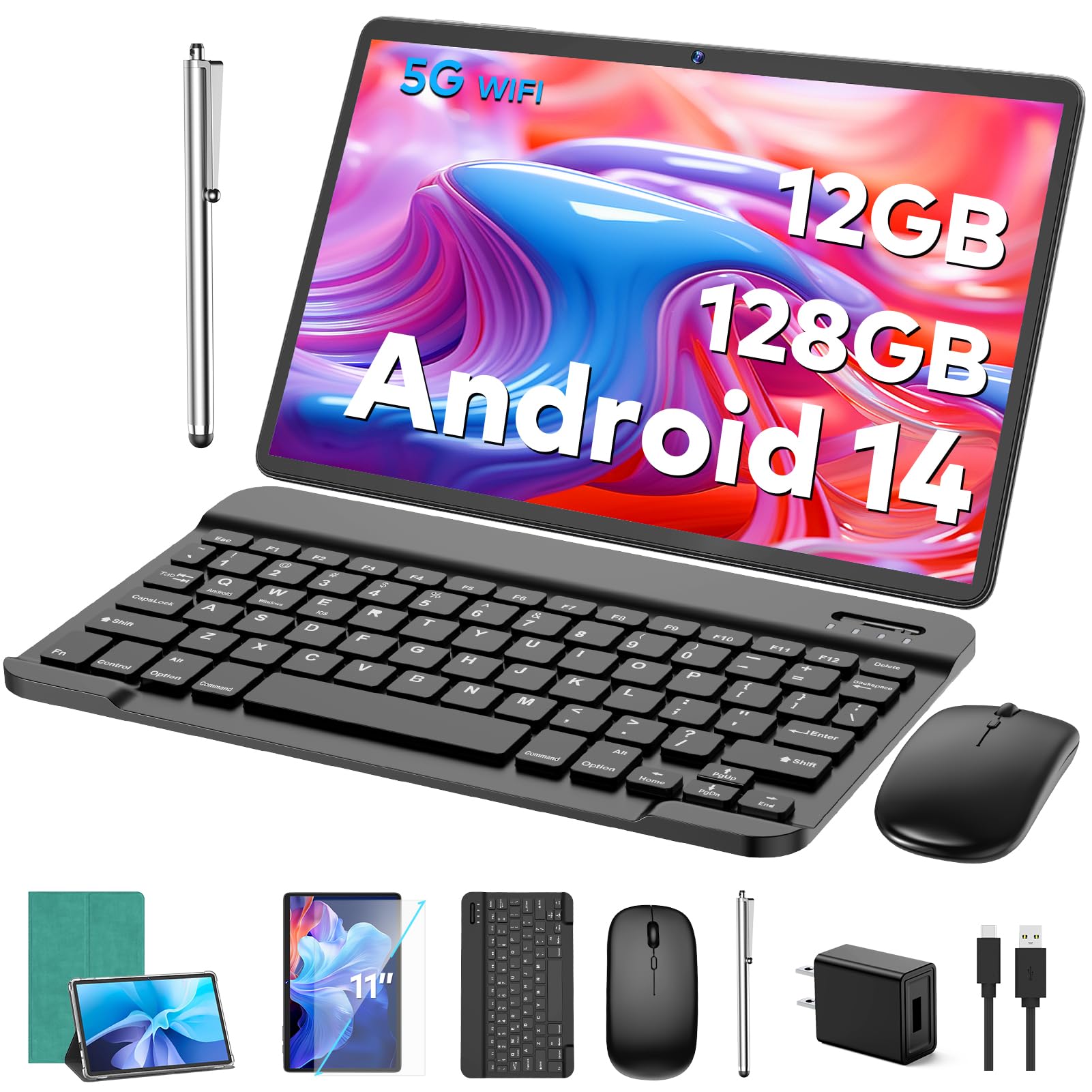 Android Tablet, 11 Inch Android 14 Tablet With Keyboard, 12Gb+128Gb, 1Tb Expand, 8000Mah, 5Mp+13Mp, 2.4G&5G Wifi, Ips Touch Scre