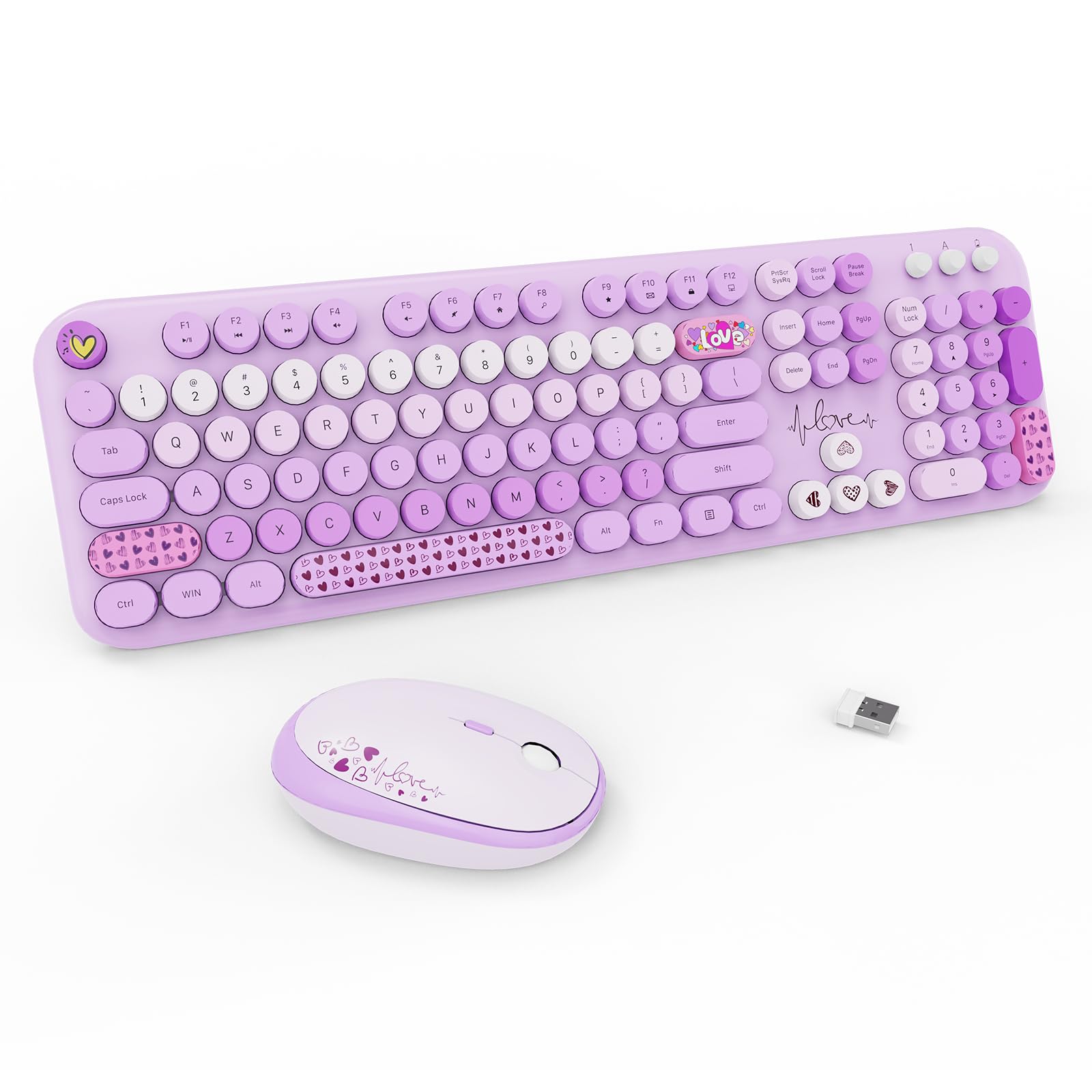 Wireless Keyboard And Mouse Set, 104 Round Keys Full Size Cute Colorful Keyboard And Mouse With Retro Typewriter For Pc/Mac/Lapt