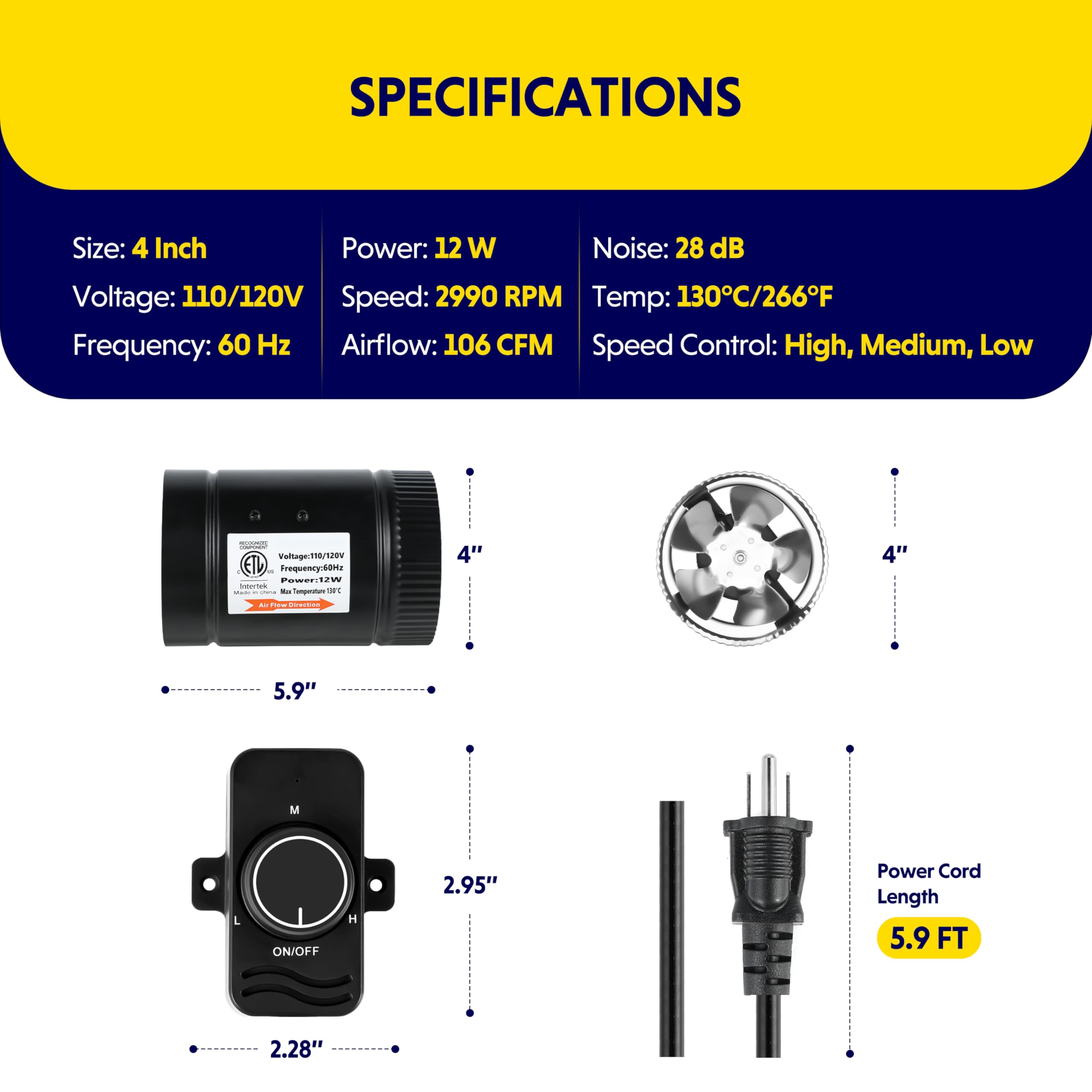 Ipower Inline Booster Duct Fan 4 106Cfm With Speed Controller, Low Noise Hvac Blower For Grow Tent, Basements, Bathrooms And K