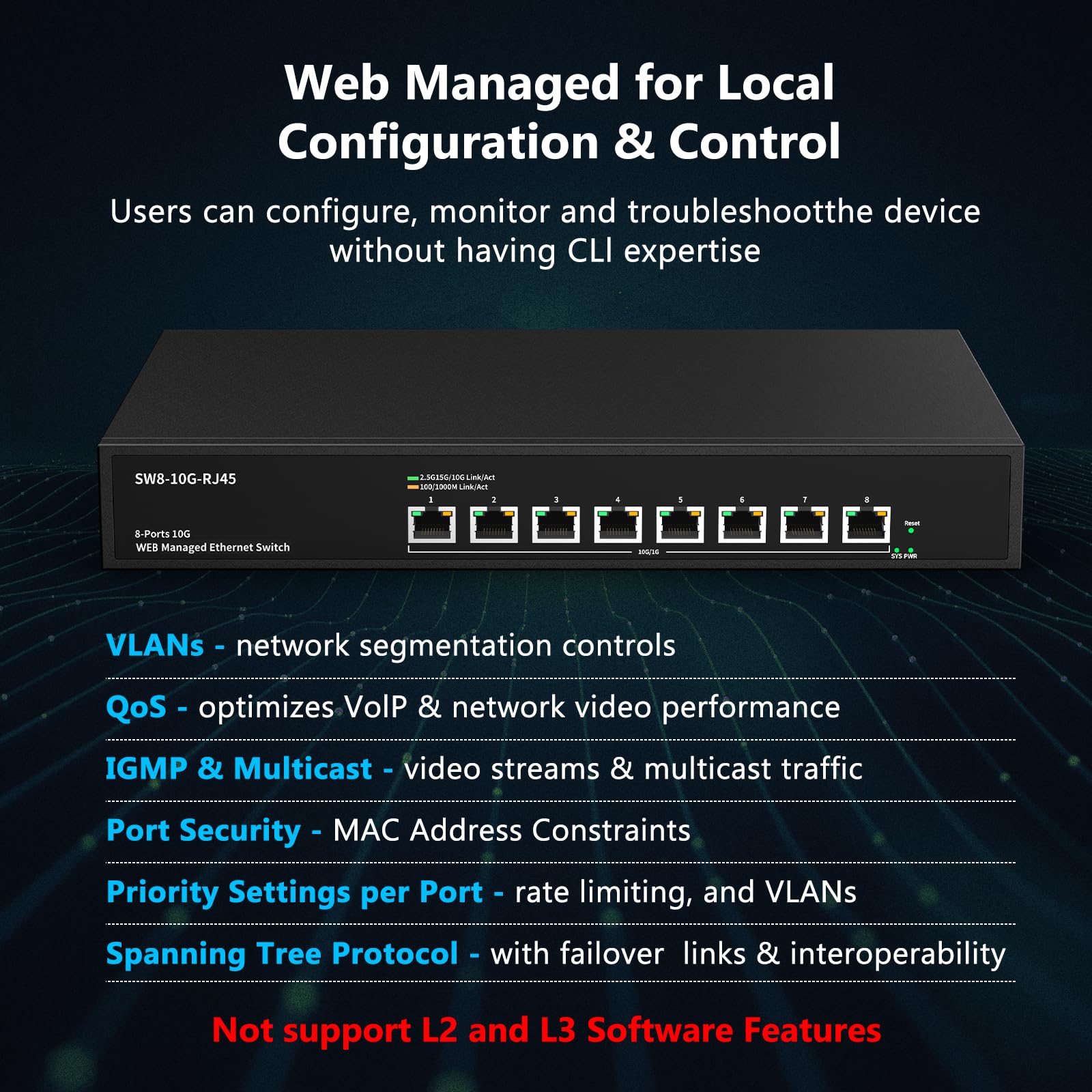 8 Port 10Gb Rj45 Web Managed Network Ethernet Switch With 8 X 10G Base T Port | 10 Gigabit Multi Gig Swicth Support 10G 5G 2.5G