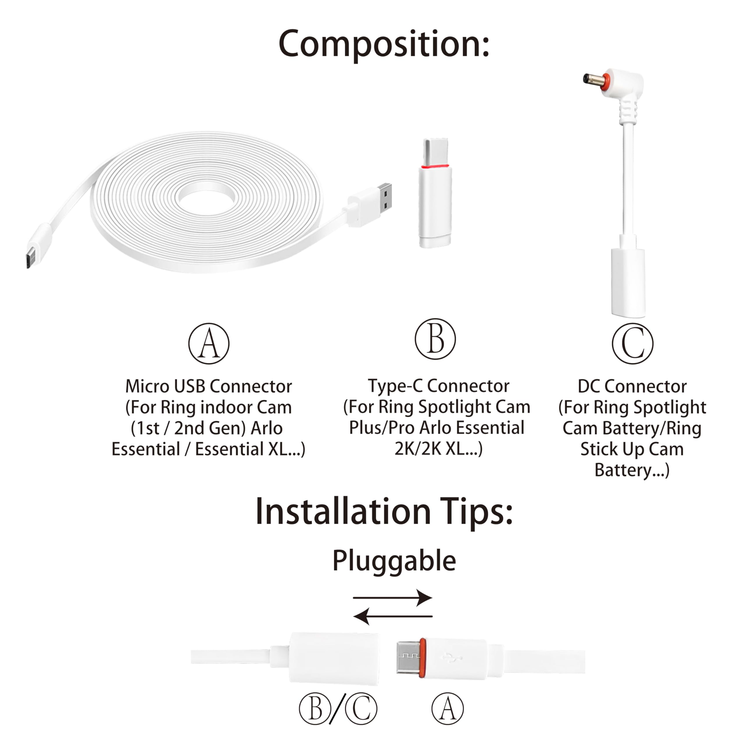 26Ft Flat Power Cord With Adapter For Ring Camera, Ring Spotlight Cam Plus/Pro/Battery, Ring Stick Up Cam Battery,Arlo Essential
