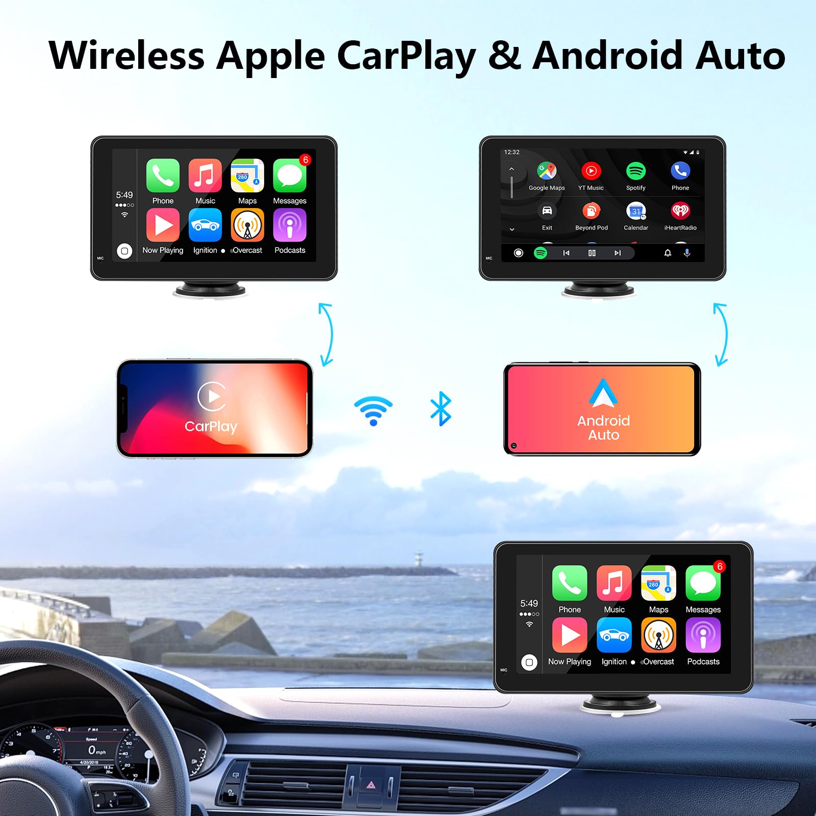 Apple Carplay Screen For Car, 7 Inch Portable Touch Screen Car Stereo With Wireless Carplay & Android Auto, Backup Camera, Gps N