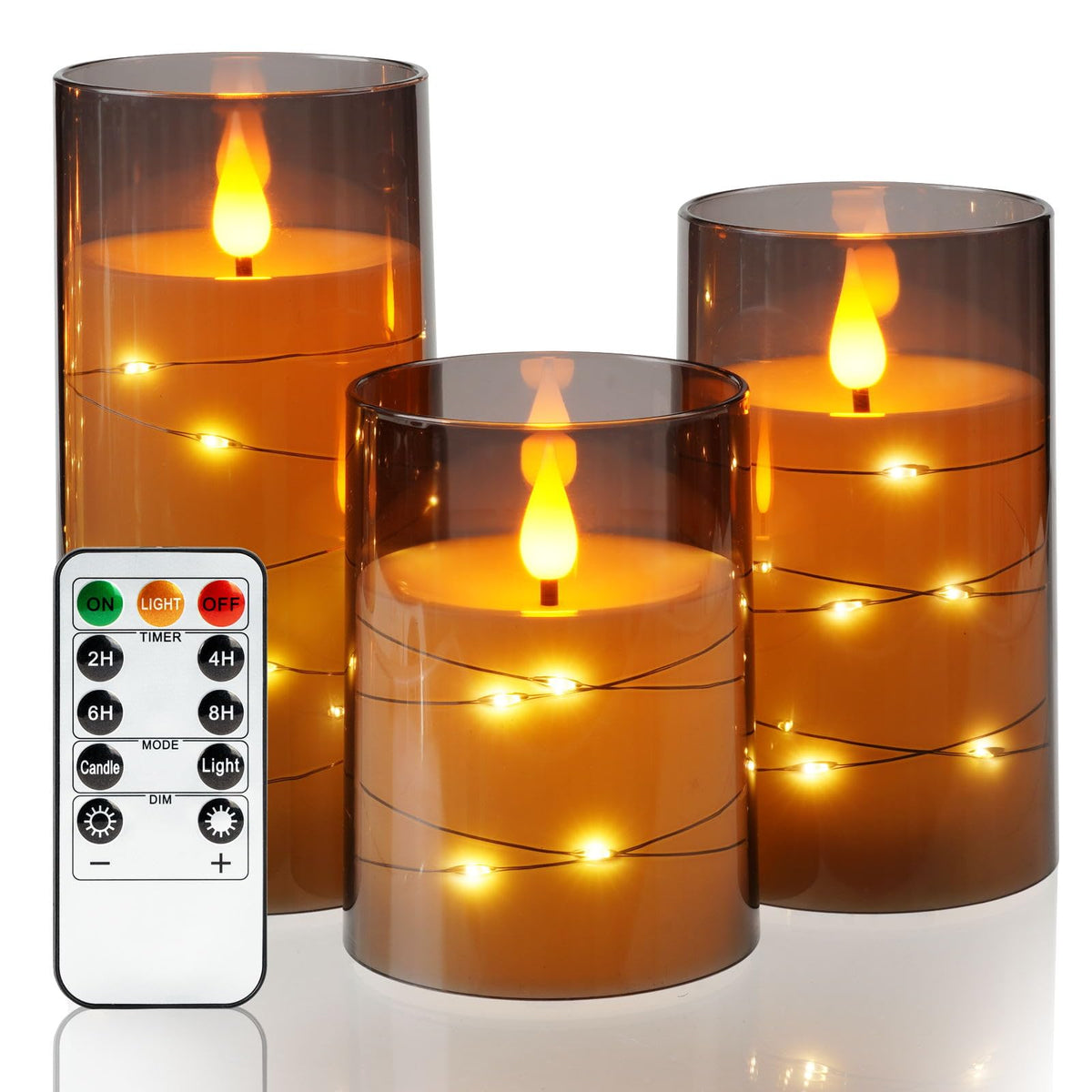 Amagic Grey Flameless Candles With Remote, Flickering Battery Operated Candles With Embedded Fairy Lights, Acrylic Led Candles W