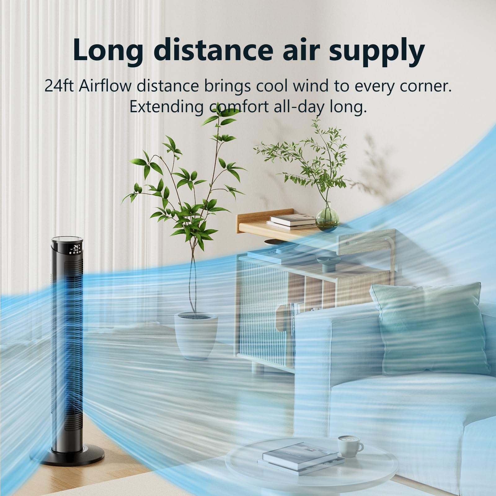 Cih Tower Fan 37 Inch,24Ft/S Velocity Quiet Oscillating Bladeless Fan 6 Speeds With Remote,4 Modes,Led Display,7.5H Timer,Grey F