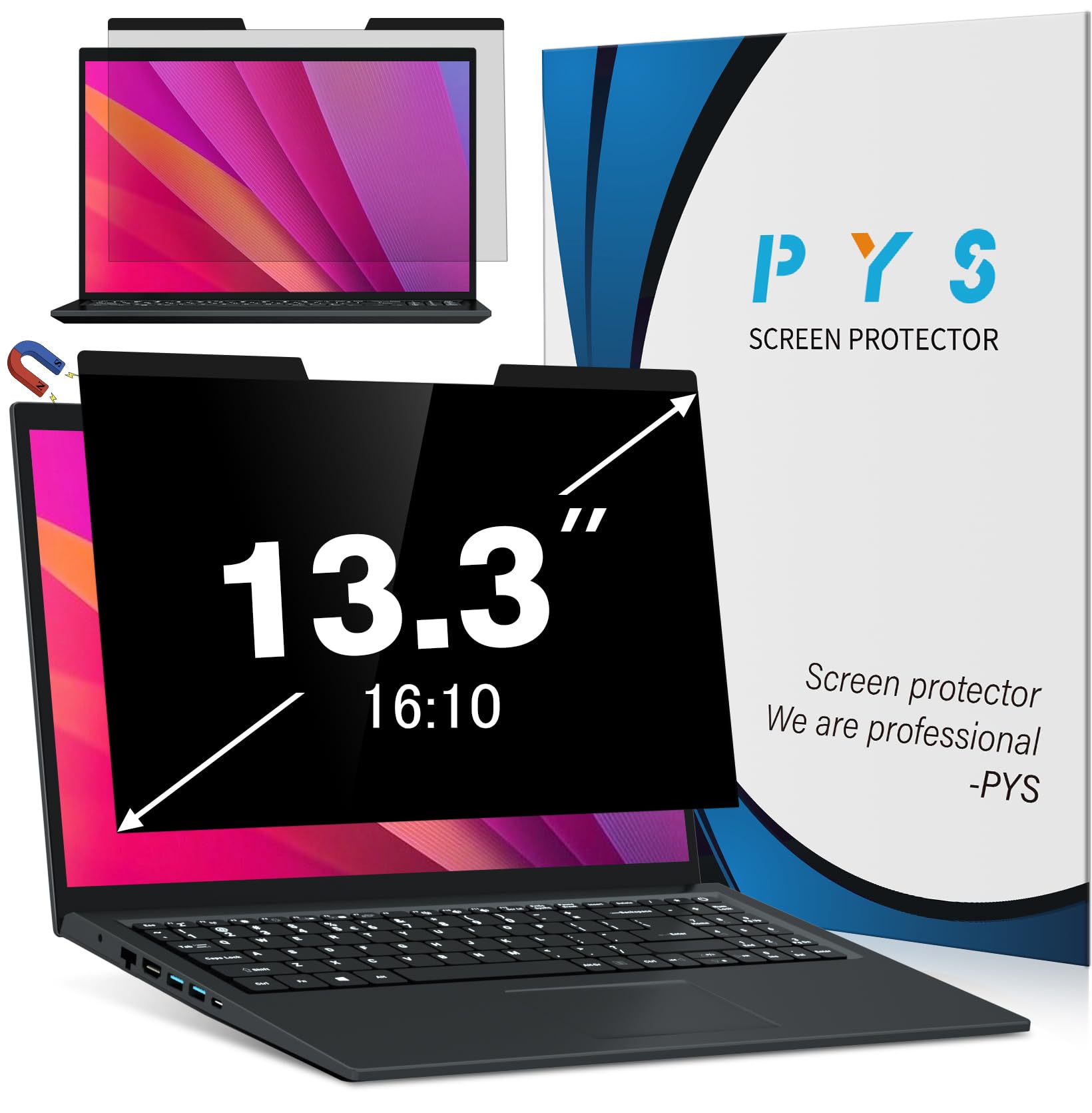 Pys Magnetic 13.3 Inch Laptop Privacy Screen(16:10 Aspect)   Reversible 13 Laptop Screen Privacy Shield, Anti Glare Blue Light P