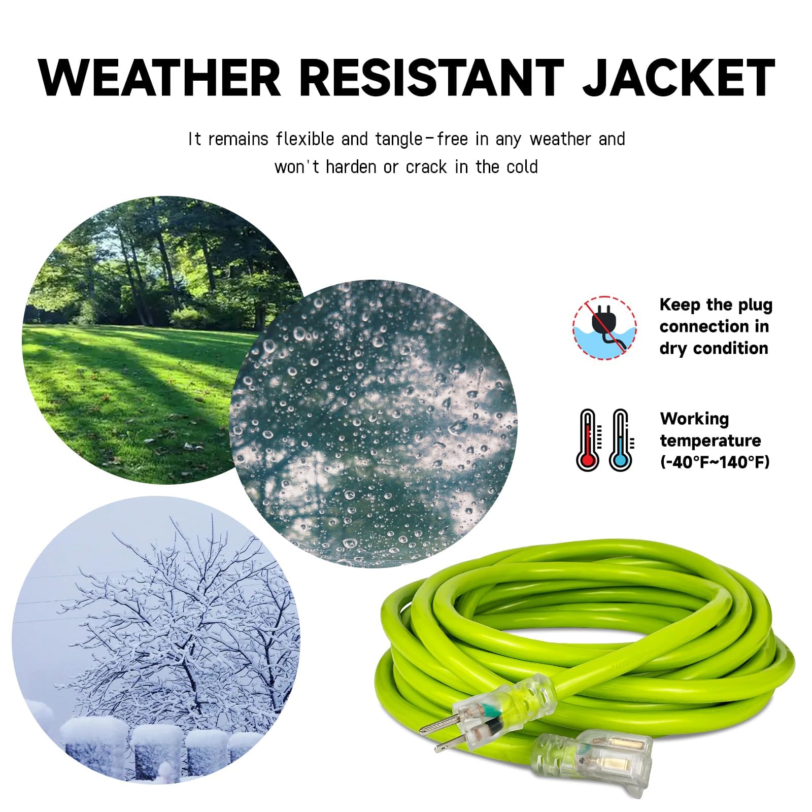 Ep 50 Ft Lighted Outdoor Extension Cord   10/3 Sjtw Heavy Duty Green Extension Cable With 3 Prong Grounded Plug For Safety, Ul L