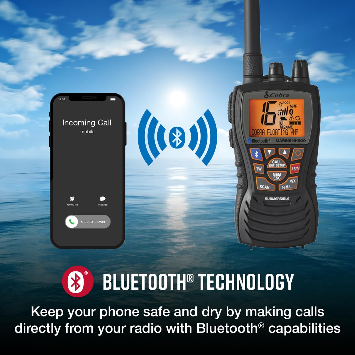 Cobra Mr Hh500 Flt Bt Handheld Floating Vhf Radio � 6 Watt, Bluetooth, Submersible, Noise Cancelling Mic, Backlit Lcd Display, Floating And Waterproof Design (Ip67 Rating), Memory Scan, Black