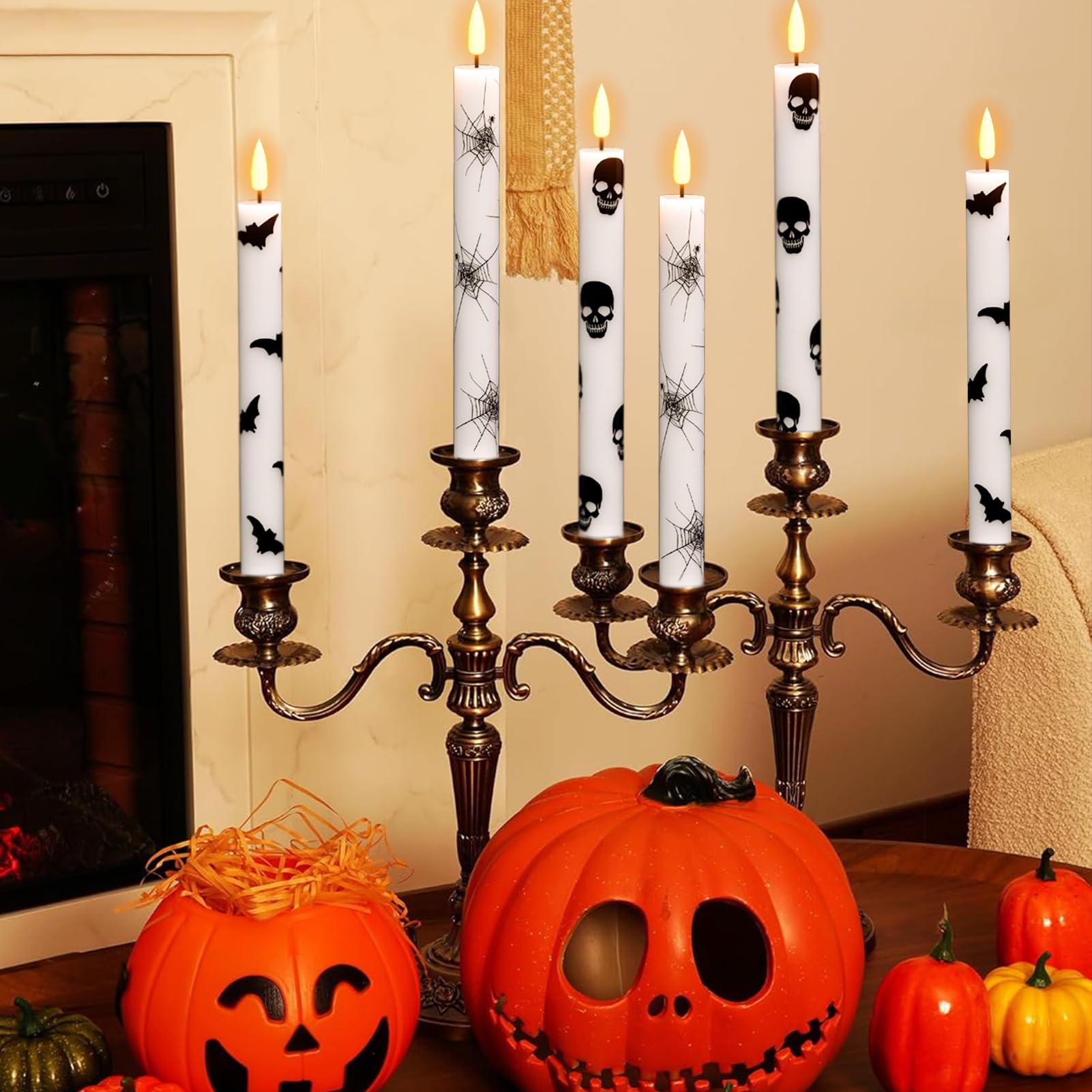 Wondise Halloween Flameless Taper Candles With Remote & Timer, Battery Operated Candles With Spider Web, Bats, Skull, Real Wax 3