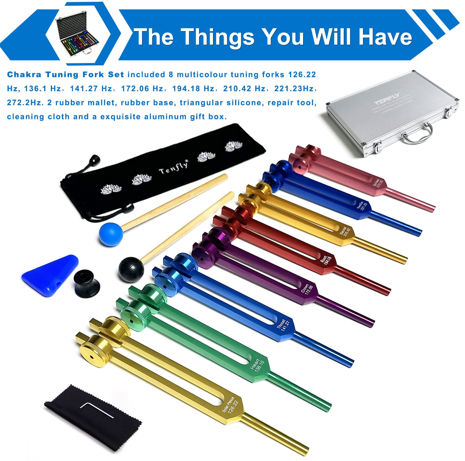 Chakra Tuning Forks Set For Healing, 7 Chakra+1 Soul Purpose Weighted Tuning Forks With Exquisite Aluminum Gift Box, Multicolour