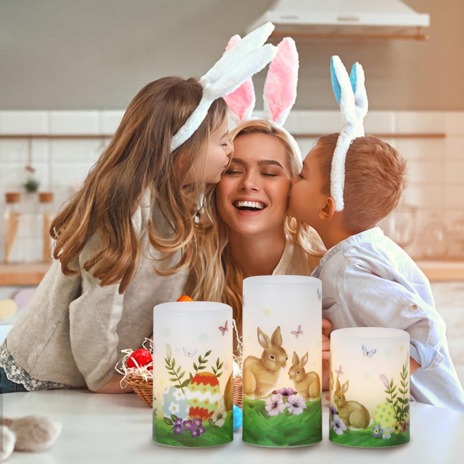 Wondise Easter Bunny Flameless Candles With 6Hrs Timer, Battery Operated Pillar Candles With Easter Eggs Lilies Real Wax Flicker