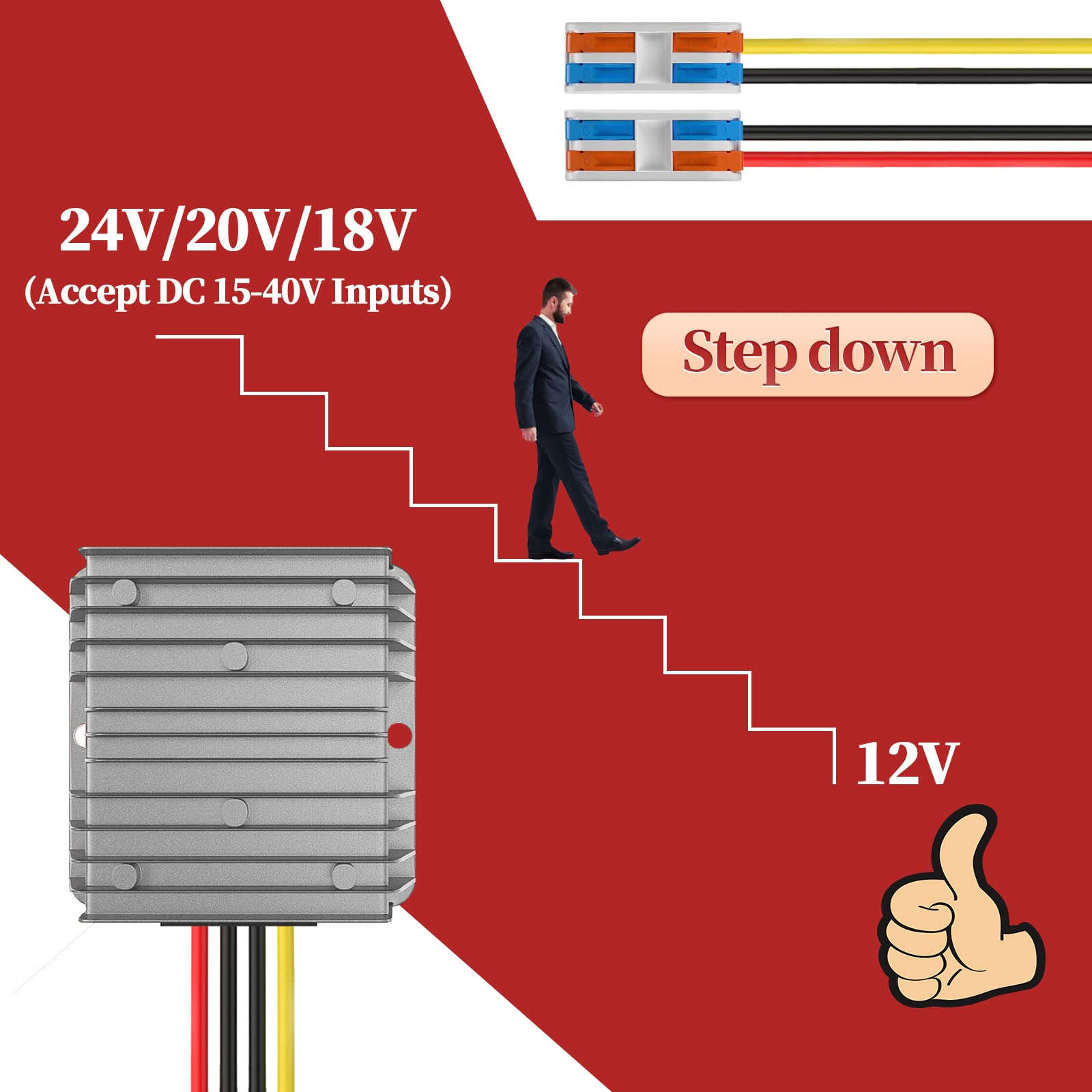 24V To 12V Converter 15A 180W, 18V To 12V With Wire Terminal Block For Cart Led Light Truck Vehicle Boat Solar System