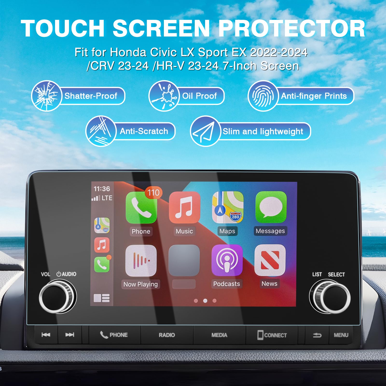Karltys 2 Pack 7 Inch Screen Protector For Honda Civic Lx Sport Ex 2022 2024 2025 /Cr V 2023 2025 /Hr V 2023 2024, 11Th Gen. Civic Touchscreen Tempered Glass Ultra Clear Screen Cover Anti Glare