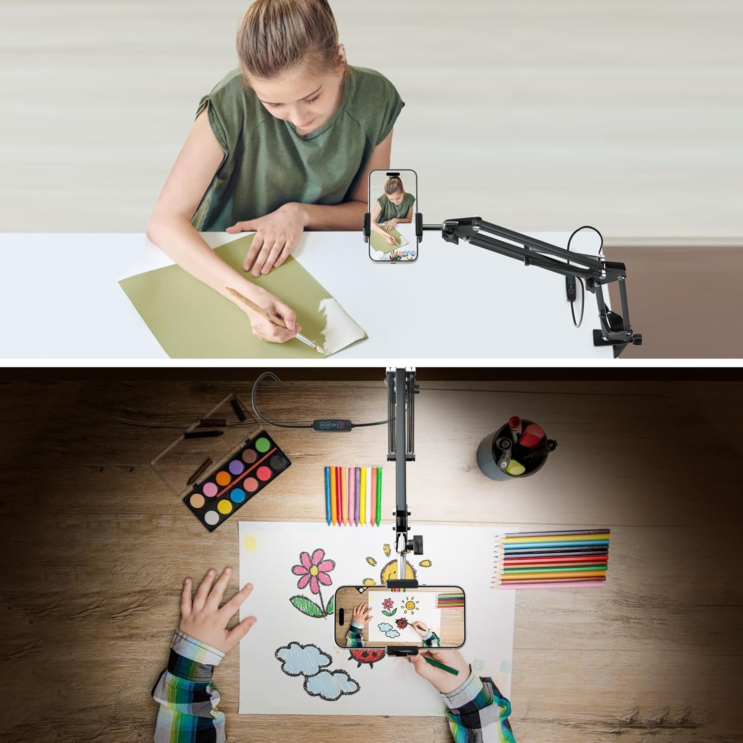 Overhead Phone Mount, Articulating Arm Cell Phone Holder With Usb Led Light, Flexible Phone Stand For Live Streaming,Video Recor