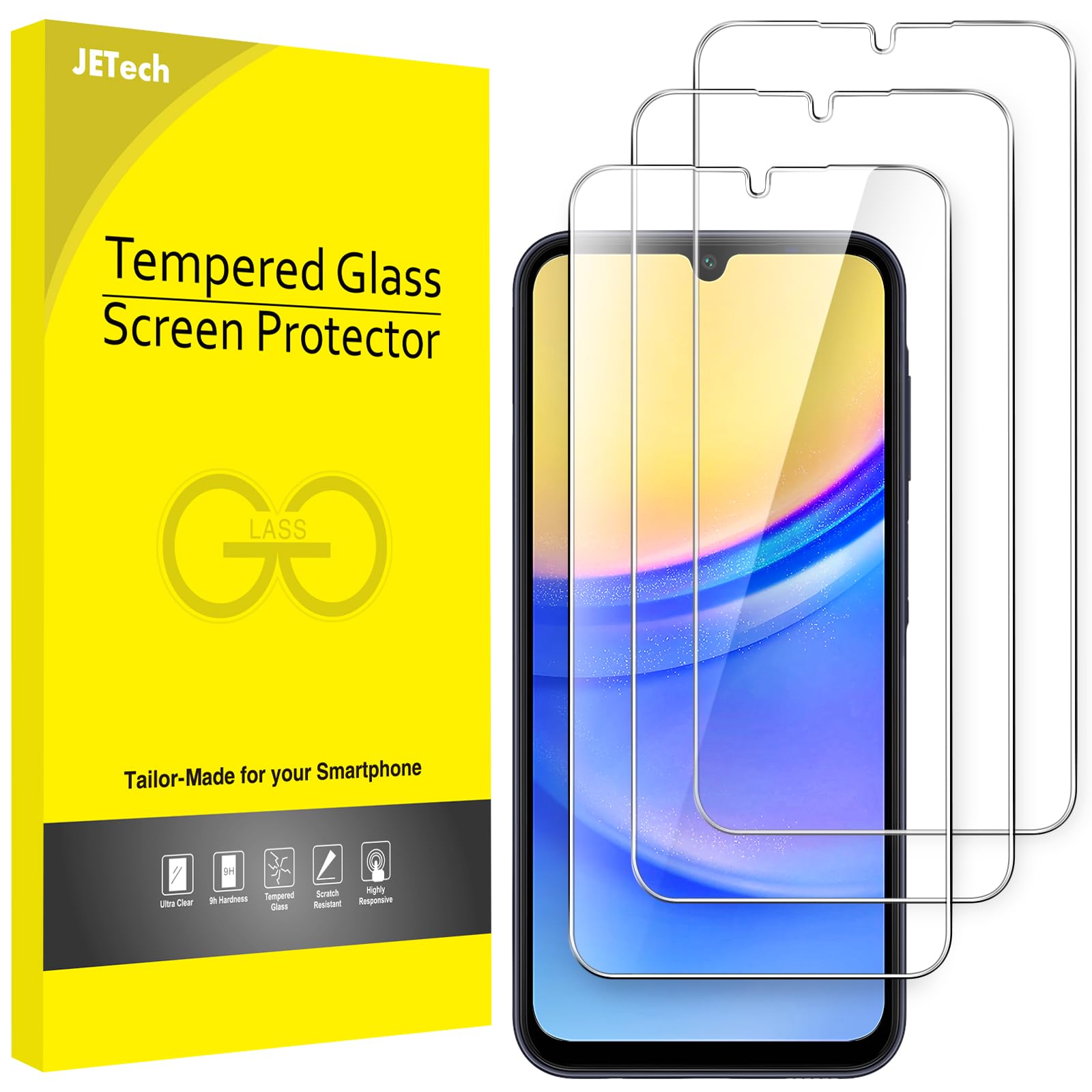 JETech Screen Protector for Samsung Galaxy A15 4G / 5G 6.5-Inch, 9H Tempered Glass Film, Anti-Scratch, HD Clear, 3-Pack