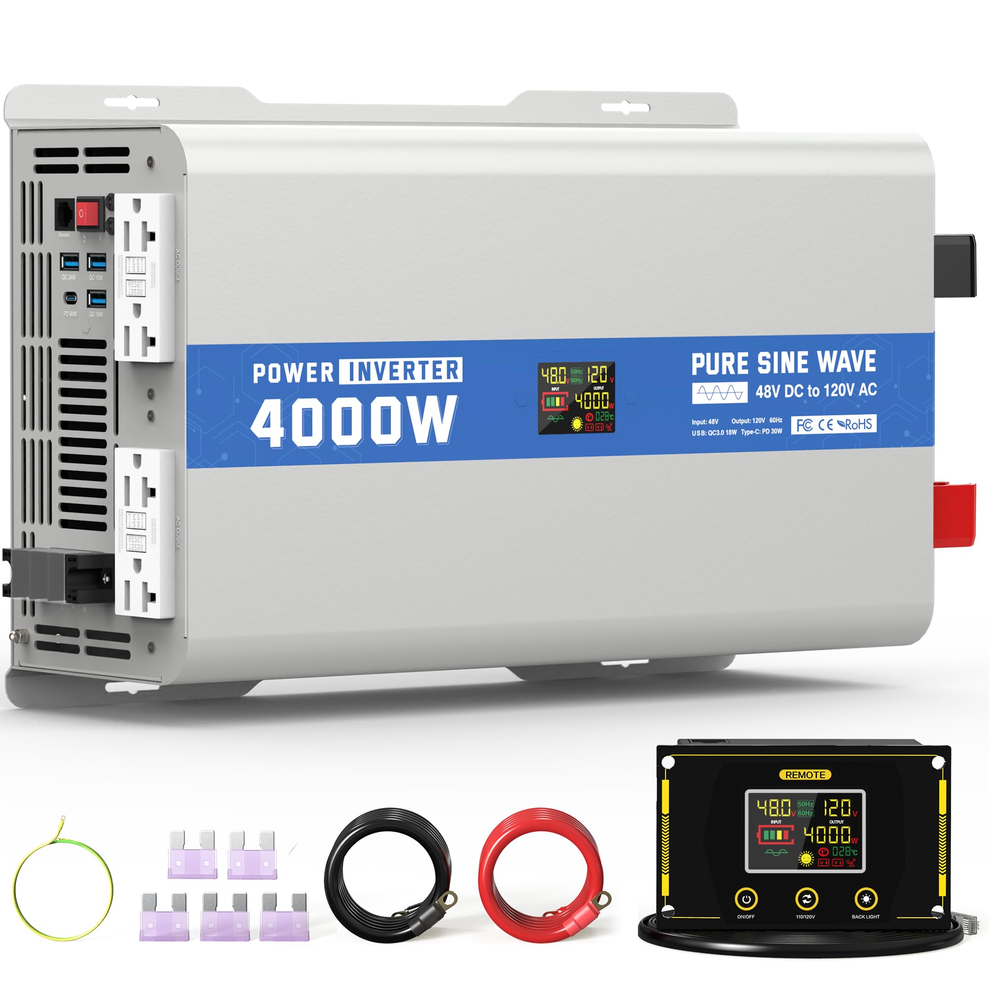 ASMONTRIC 4000 Watt Pure Sine Wave Inverter, 48V DC to 120V AC Power Inverter with LCD Display, GFCI Outlet, USB Port, 4 AC Outl