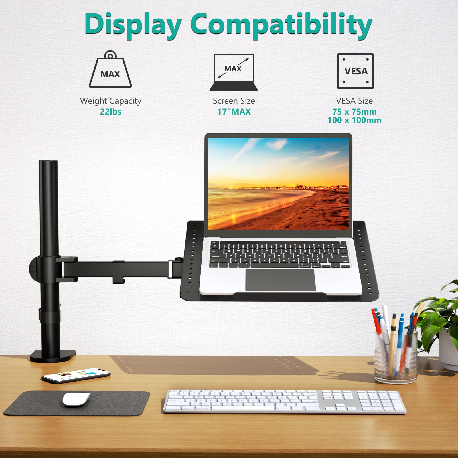 Wali Laptop Tray Desk Mount For 1 Laptop Notebook Up To 17 Inch, Fully Adjustable, 22 Lbs Capacity With Vented Cooling Platform