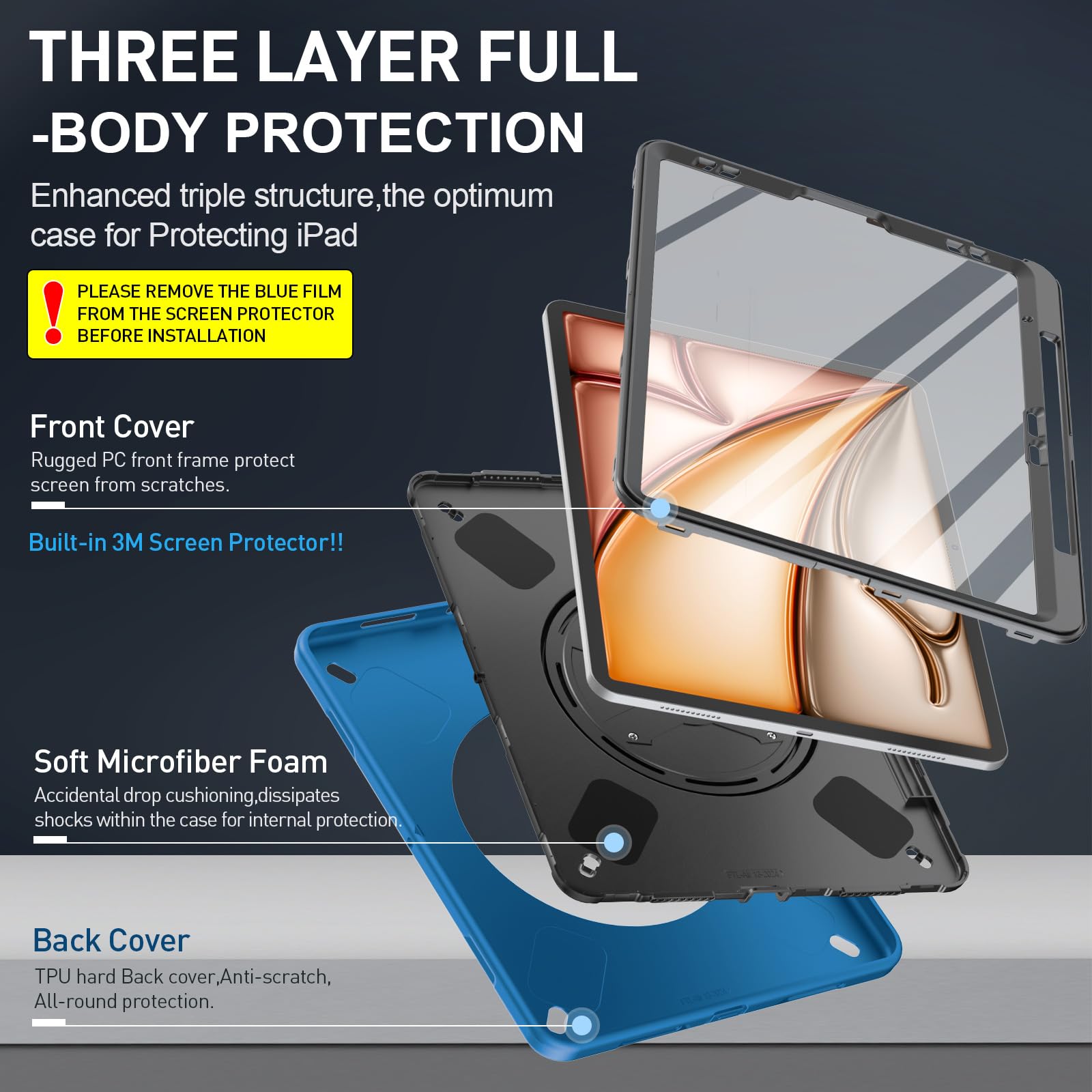 Supfives Case For Ipad Air 13 Inch 2024,With Screen Protector+Hand Strap+Shoulder Strap+Rotating Kickstand+Pencil Holder,Blue