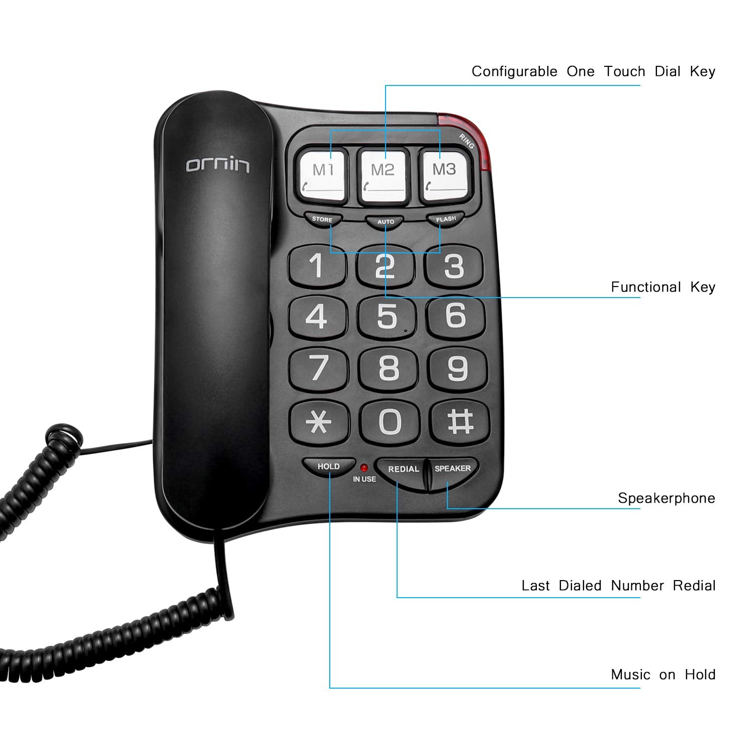 Ornin S016+ Big Button Corded Telephone With Speaker, Desk Phone (Black)