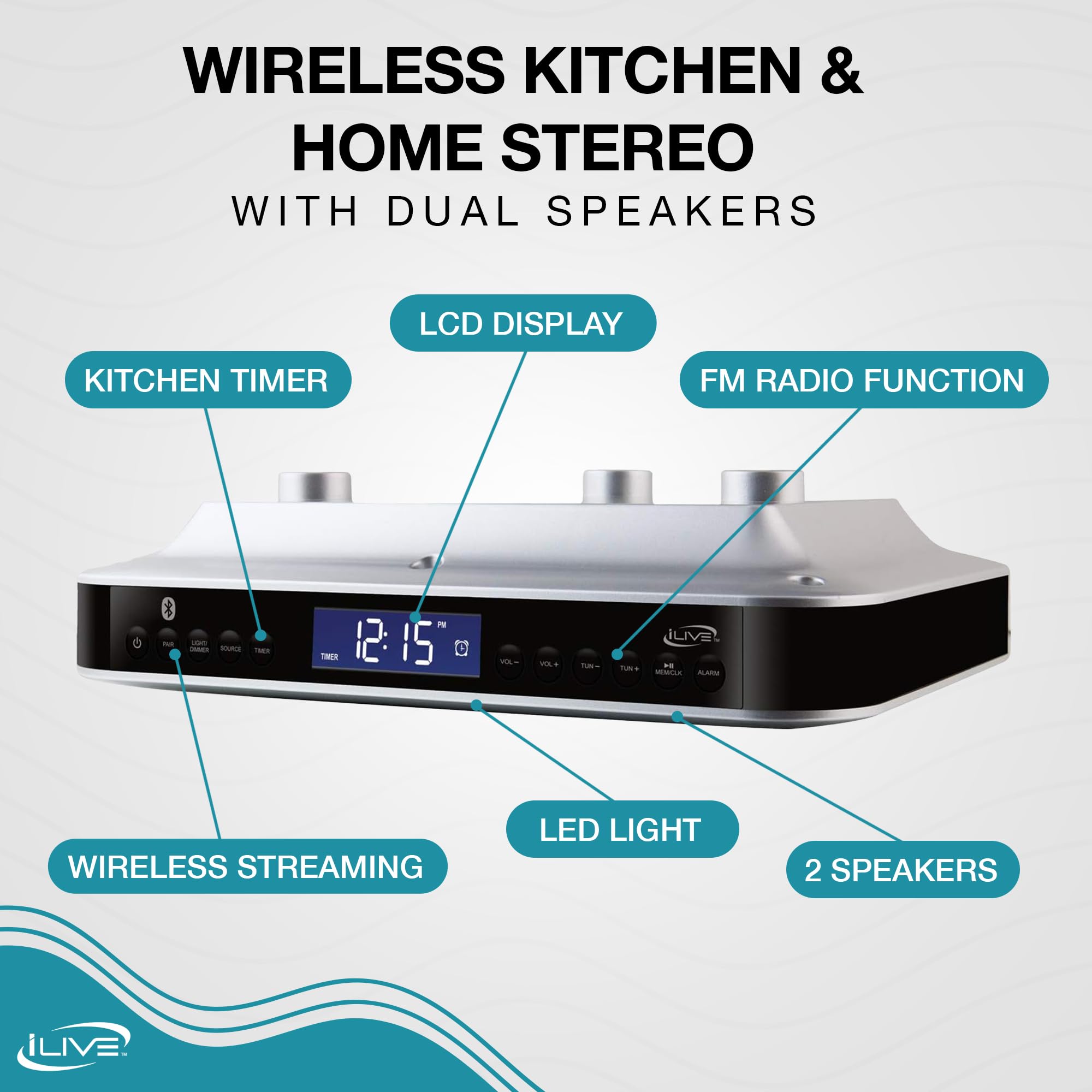 Ilive Under The Counter Wireless Stereo Bluetooth Speaker, Digital Alarm Clock, Kitchen Timer, Dual Hd Speakers, Fm Radio Lcd Di