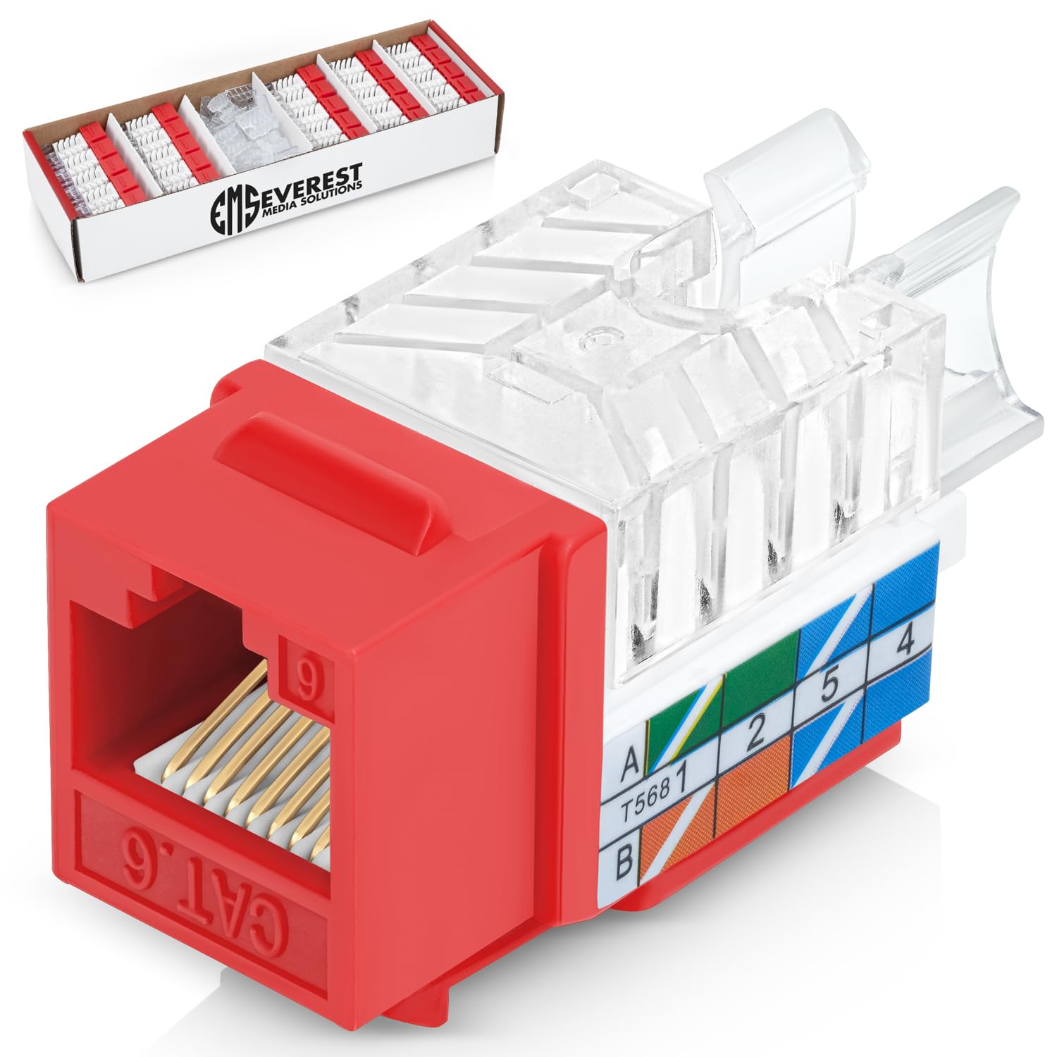 Everest Media Solutions 45 Angled Cat6 Keystone Jack In Red   Slim Profile Rj45 Ethernet Connector   Compatible With 45 Angled S