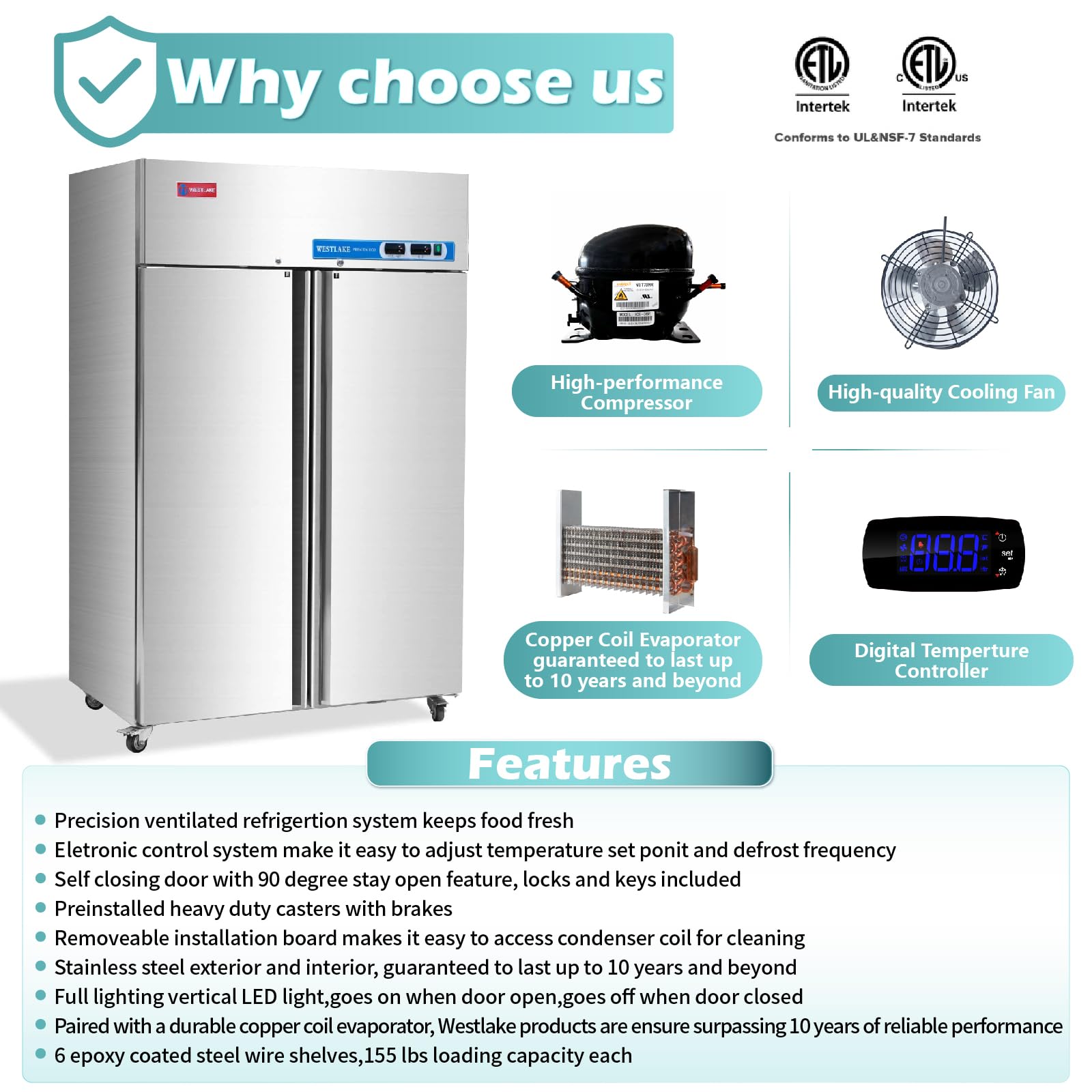 Westlake Commercial Refrigerator And Freezer Combo 48 '' W 2 Door 2 Section Stainless Steel Reach In Solid Door Fan Cooling 36 C