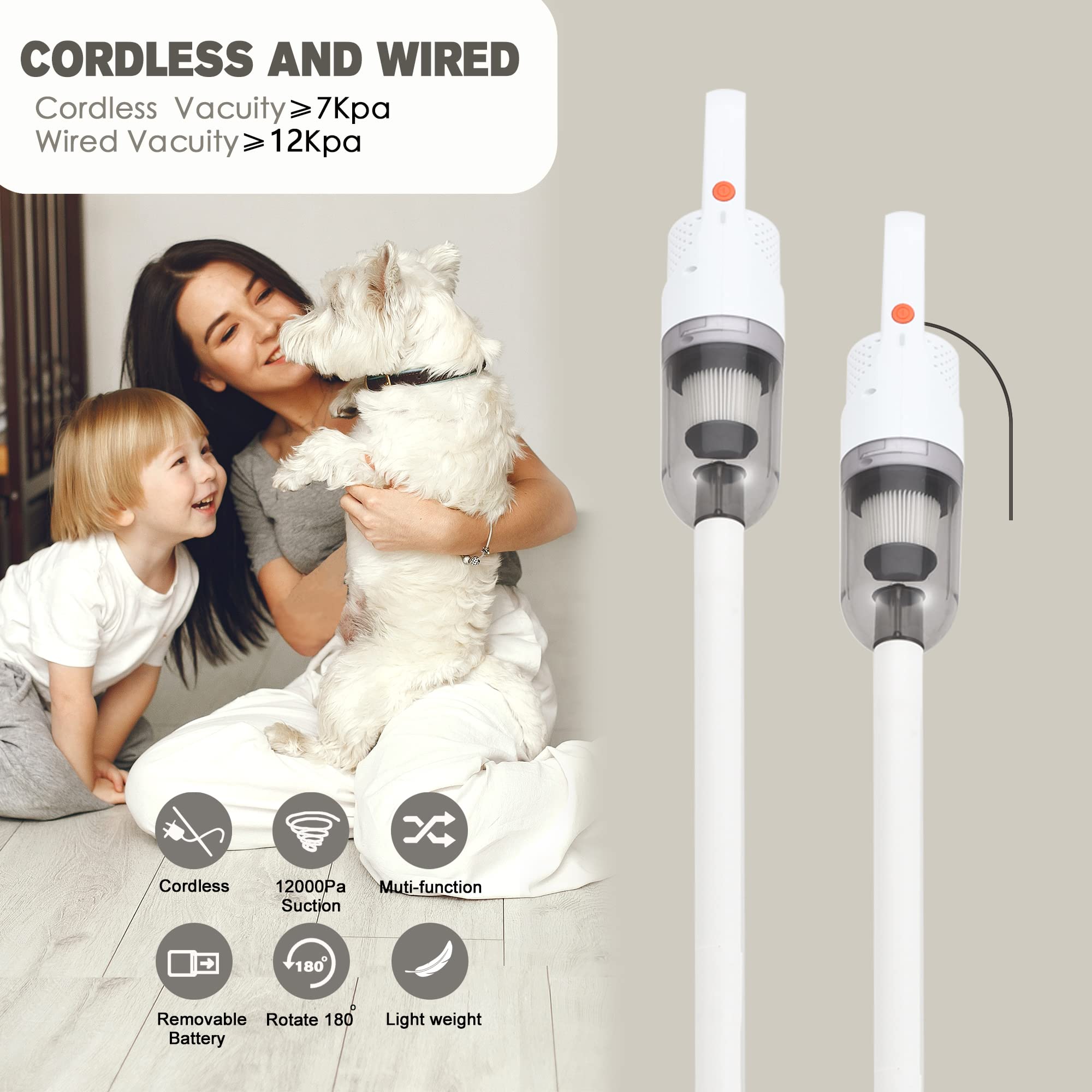 SIPPON Handheld Vacuum Cleaner 2-in-1, 100W Motor, LED Display, Lightweight, Portable, White Cordless, Model 2281