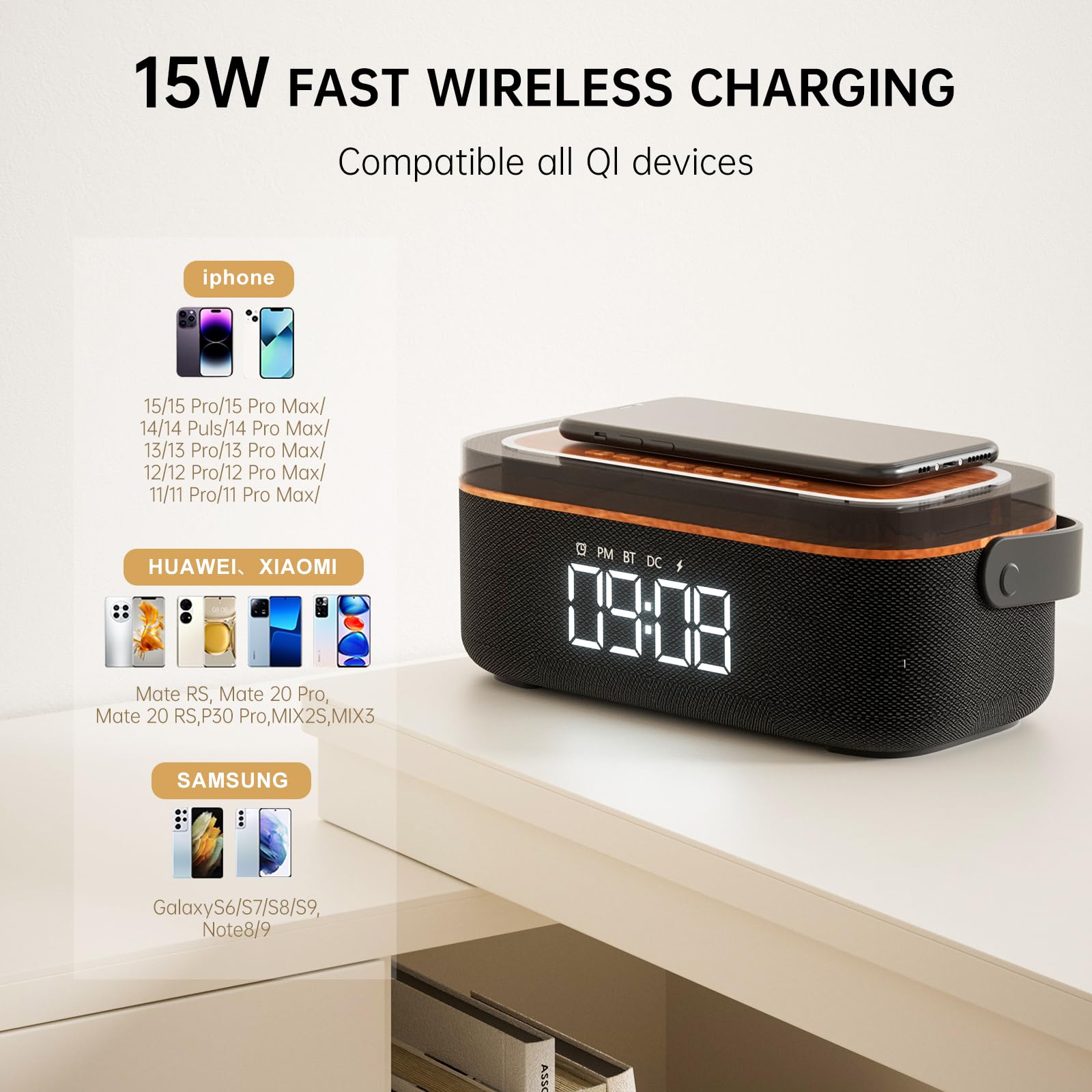 Lovme Fabric Alarm Clock Speaker Wireless Charger,Bedside Digital Alarm Clocks Bedrooms Bluetooth, Alarm Clock Dimmable Light Be