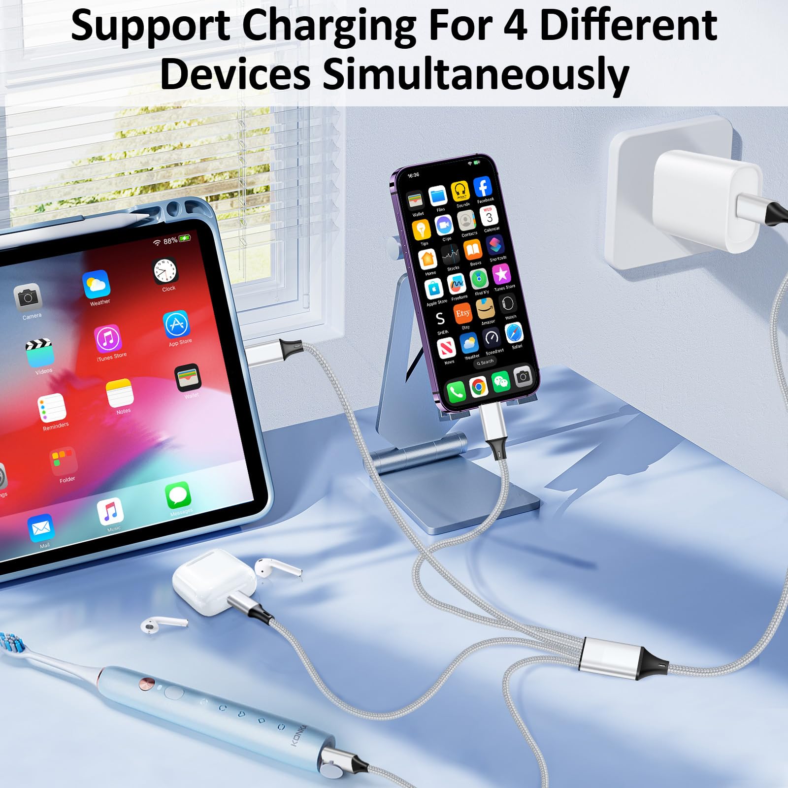 Sveuc Usb C Splitter Multi Charging Cable,Usb A/C To Usb C Pd & Qc 3.1A Fast Charging[2Pack 4Ft], 4 In 2 Multi Charger Cord, Wit