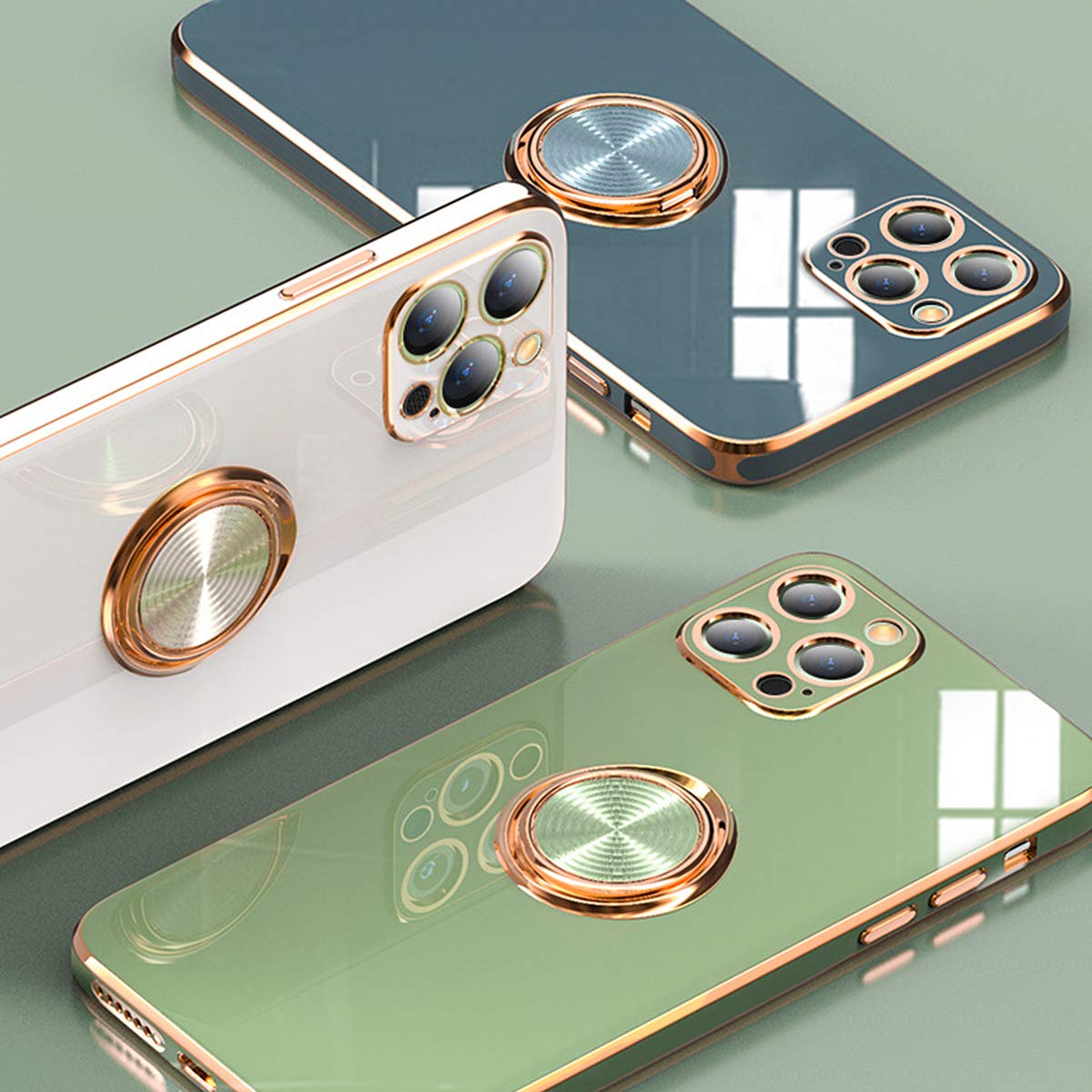 Aowner Compatible With Iphone 12 Case & Iphone 12 Pro Ring Holder Case Shiny Plating Rose Gold Edge 360 Degree Rotation Kickstan