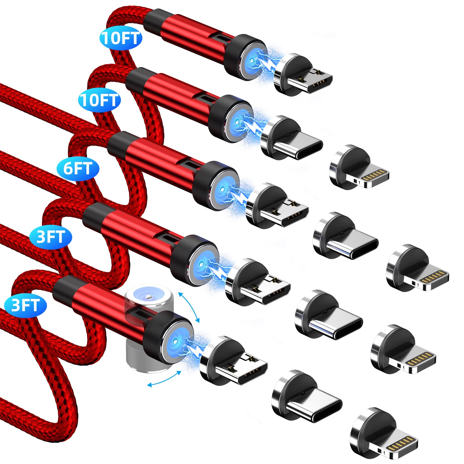 5-Pack Magnetic Charging Cable [3/3/6/10/10FT] 3 in 1 Magnetic Phone Charger 360&180 Rotating Cable with LED Light Nylon Braided