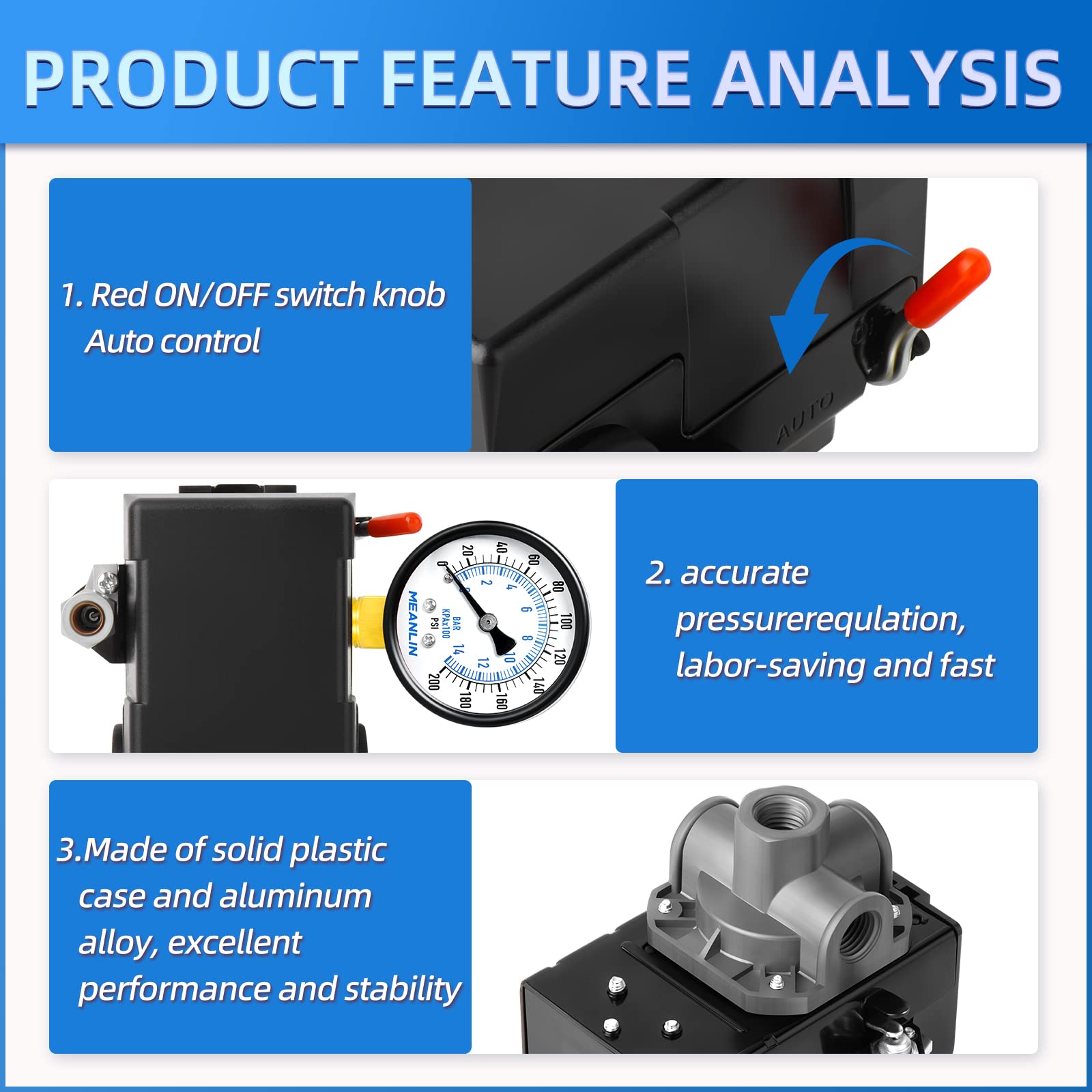 Meanlin Measure Air Compressor Pressure Switch Control Valve 95 125 Psi 110V 240V 4 Way Replacement Parts With 0 200 Pressure Ga