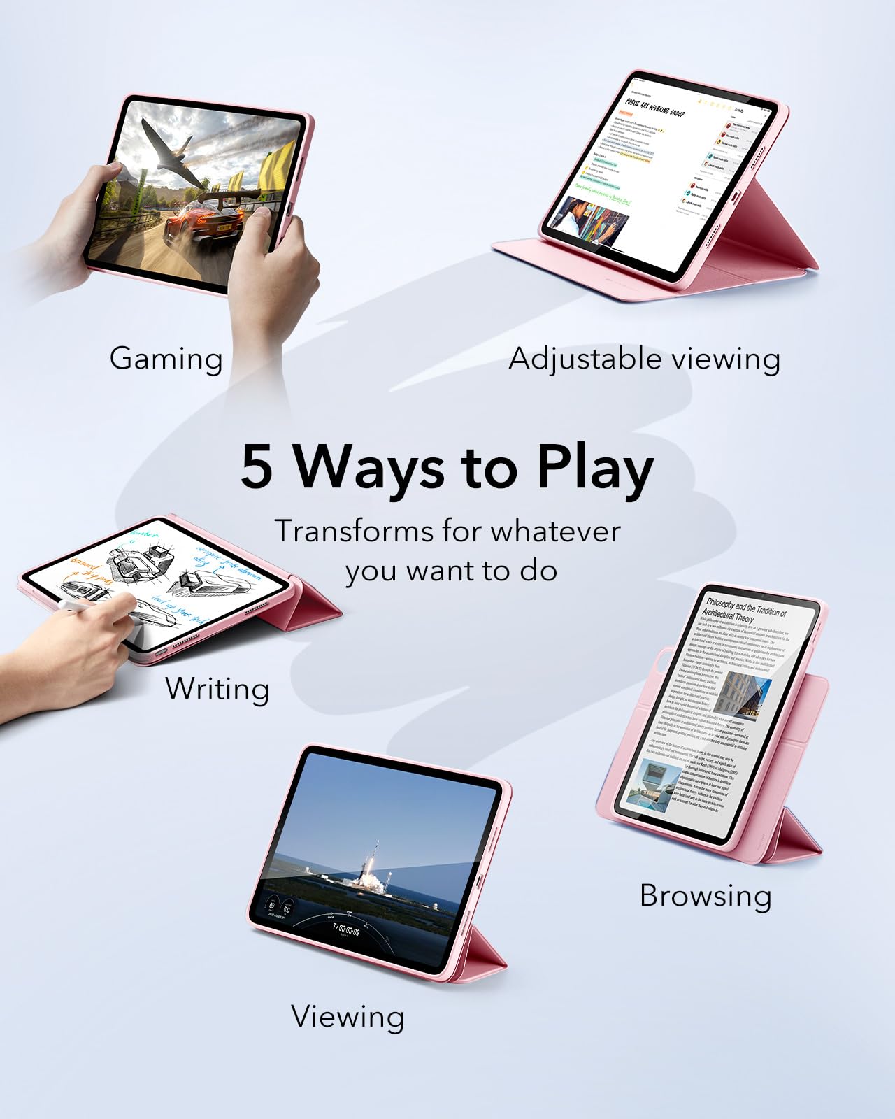 Esr For Ipad Air 13 Inch Case M2(2024), Ipad Air 13 Case With Pencil Holder, Removable Magnetic Cover, Vertical Stand, Fully Supports Pencil Pro And Pencil(Usb C), Rebound 360 Series, Pink