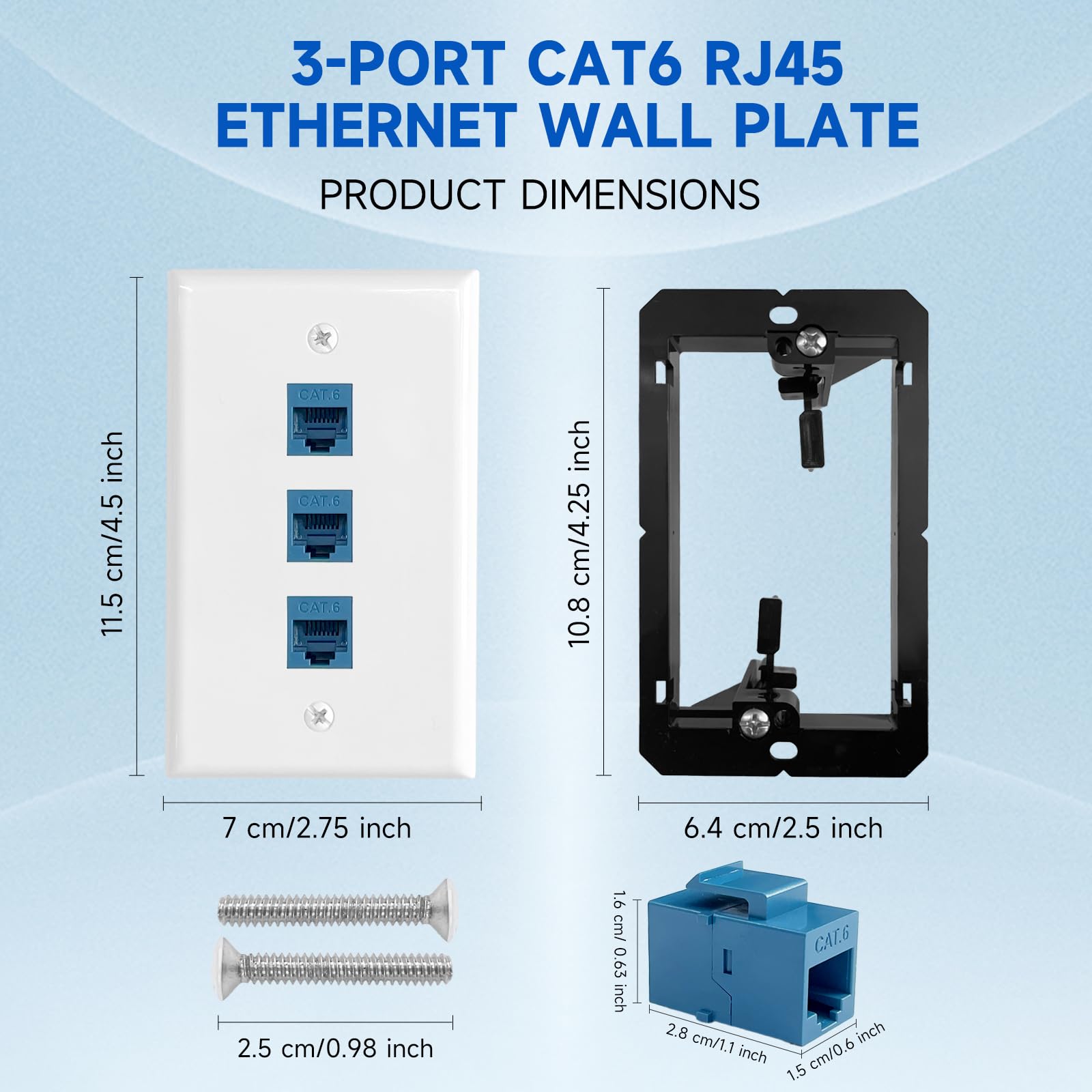 ANONION 4 Pack Ethernet Wall Plate 3-Port Cat6 Keystone Jack RJ45 Female to Female with Low Voltage Mounting Bracket, White