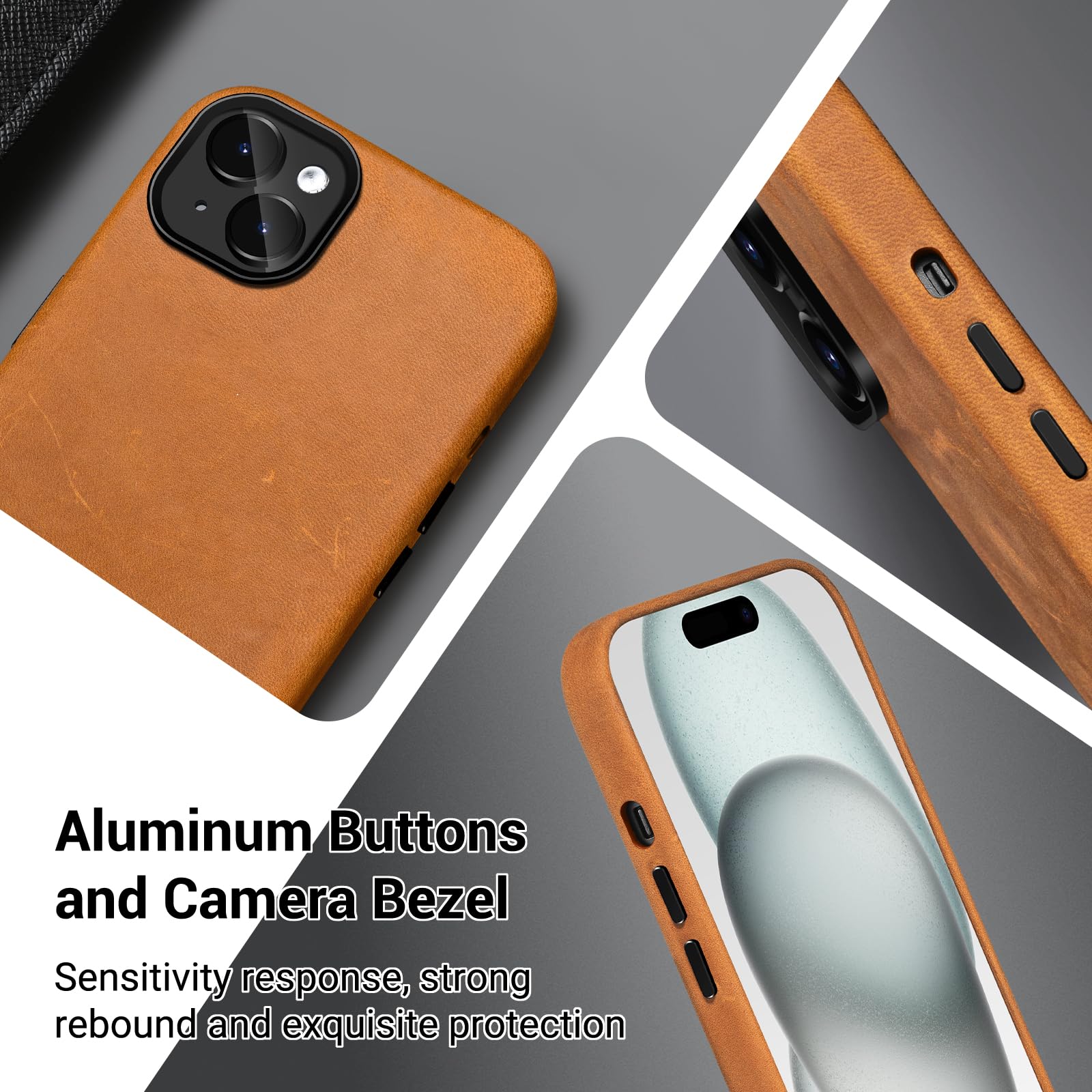 Belemay Compatible With Iphone 15 Leather Case With Magsafe - Top Grain Vintage Crazy Horse Leather - Metal Buttons & Lens Prote
