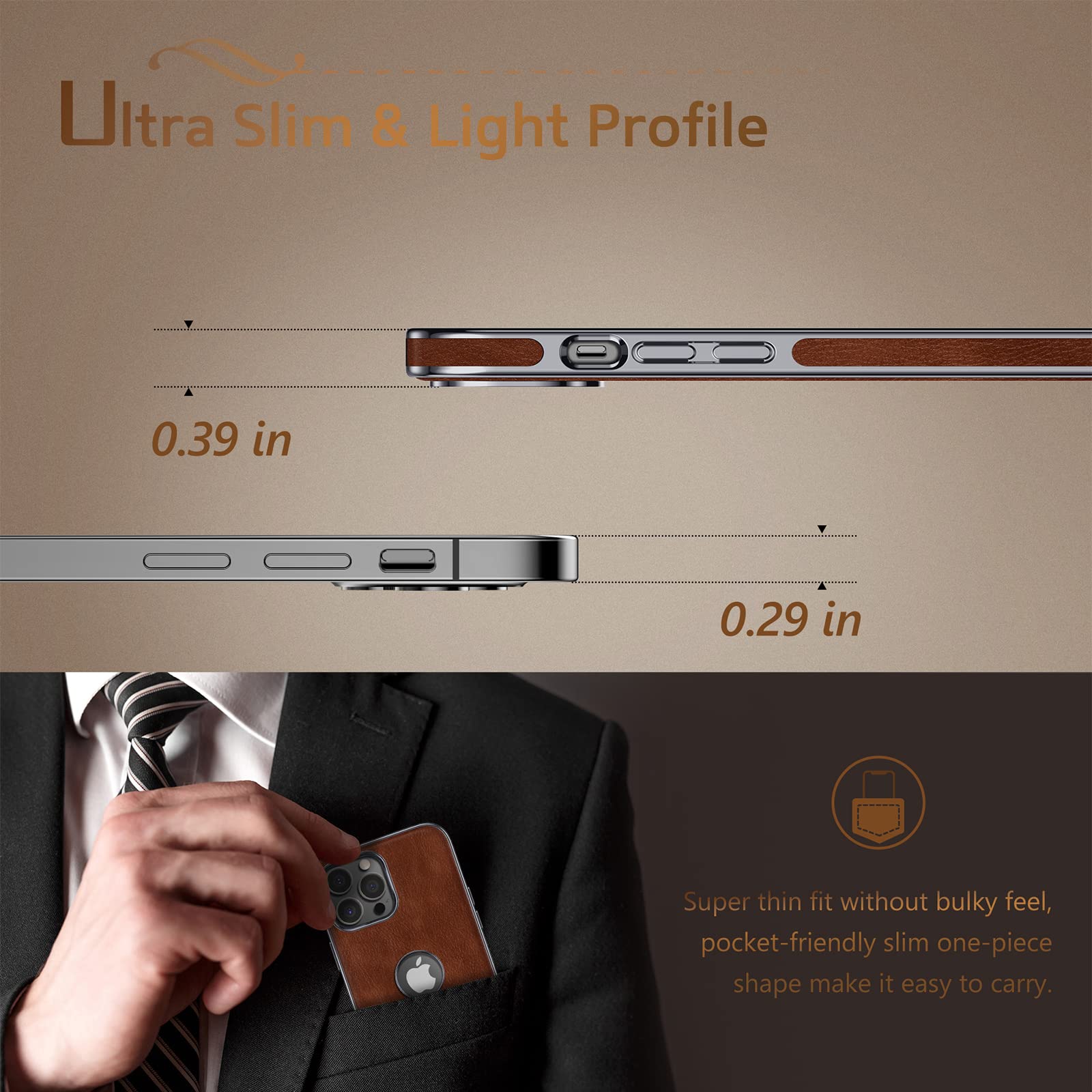 LOHASIC iPhone 14 Pro Max Slim Leather Protective Phone Case Brown