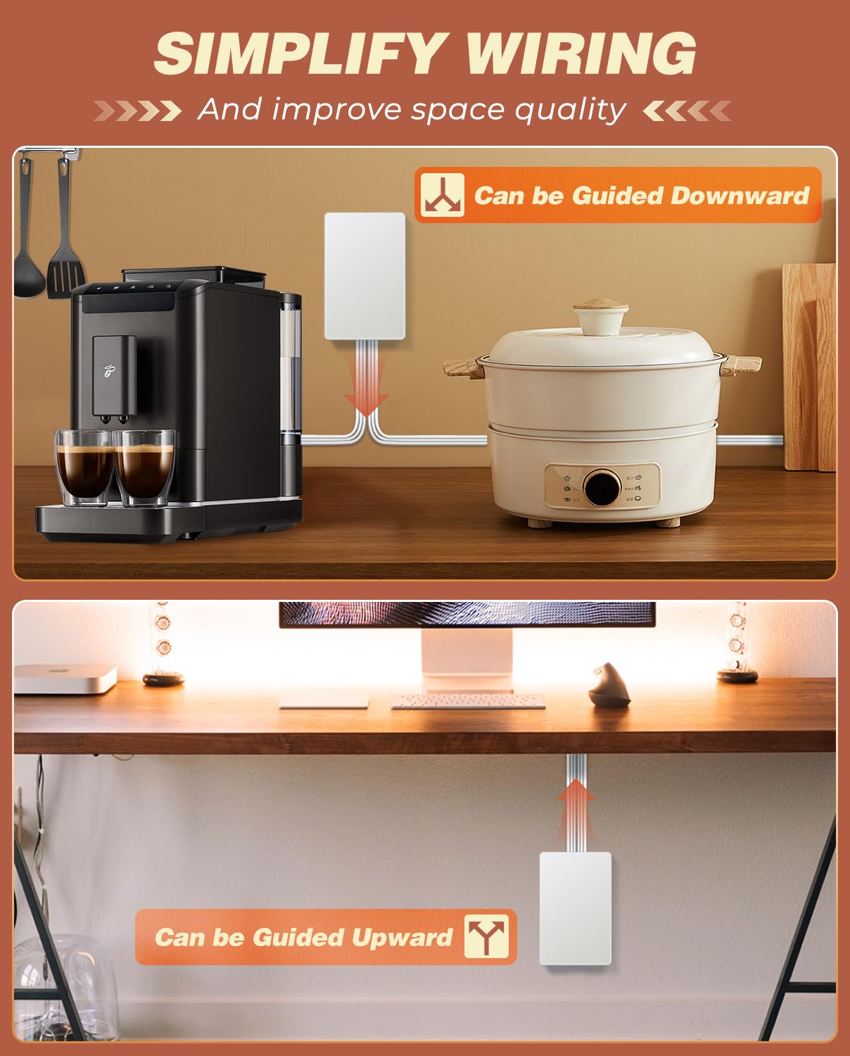 Saker Outlet Cover Extension Cord | 8Ft Flat Extension Cord With 3 Outlets,1625W | Universal Size Outlet Concealer | Outlet Cove