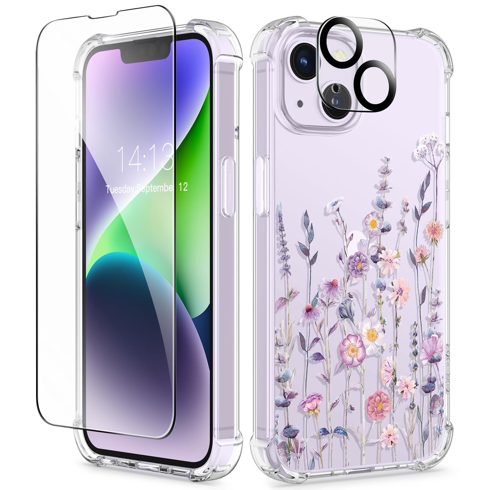 Gviewin For Iphone 14 Case Floral, With Screen Protector+Camera Lens Protector, [Non Yellowing] Soft Shockproof Clear Phone Prot