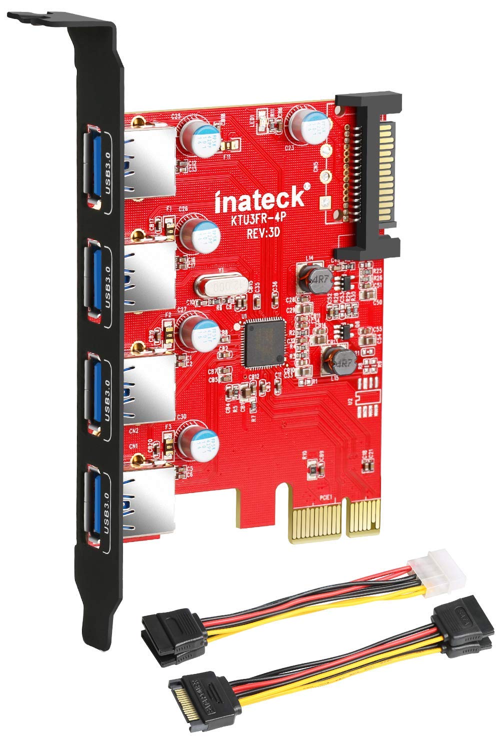 Inateck PCI-e to USB 3.0 (4 Ports) PCI Express Card and 15-Pin Power Connector, Red