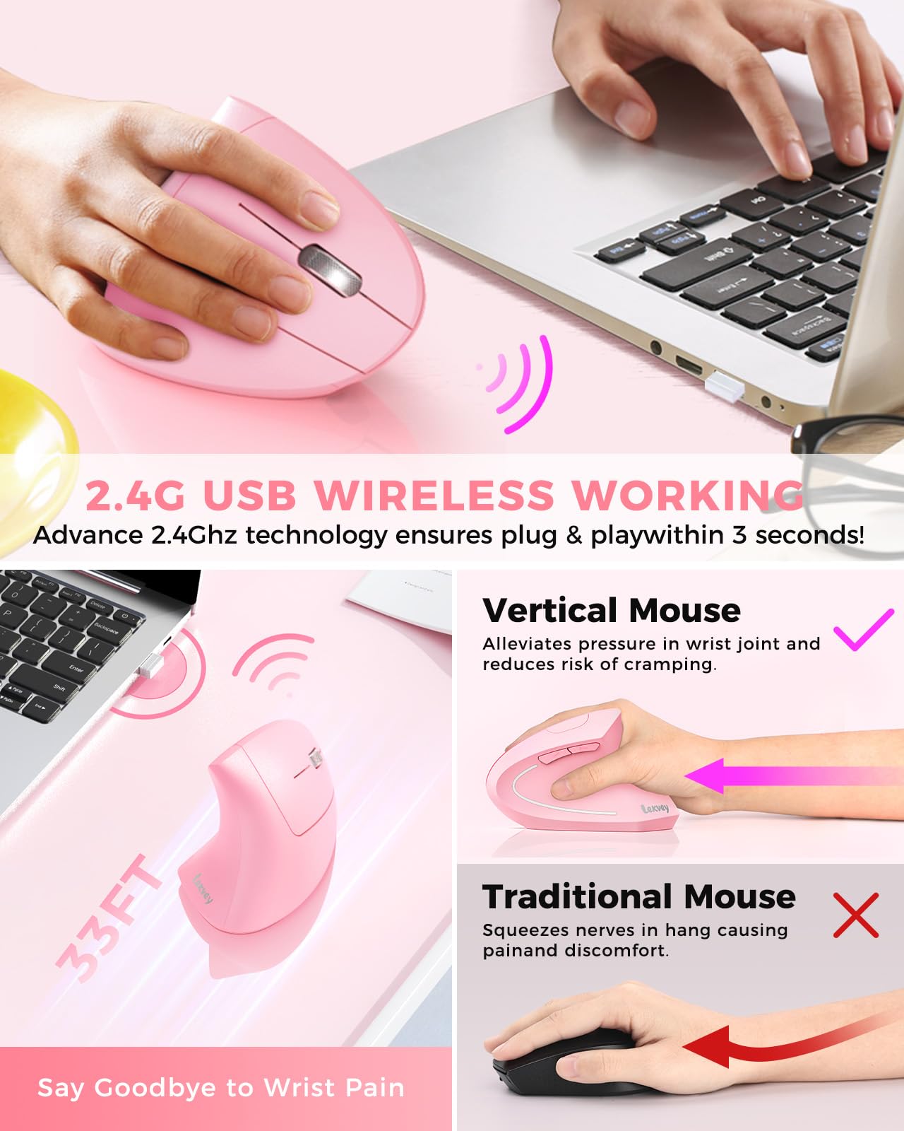 Lekvey Ergonomic Mouse, Vertical Wireless Mouse, Rechargeable 2.4 Ghz Usb Optical Carpal Tunnel Mice : 800/1200 / 1600 Dpi, 6 Buttons, For Laptop, Pc, Computer, Desktop, Notebook Etc, Pink