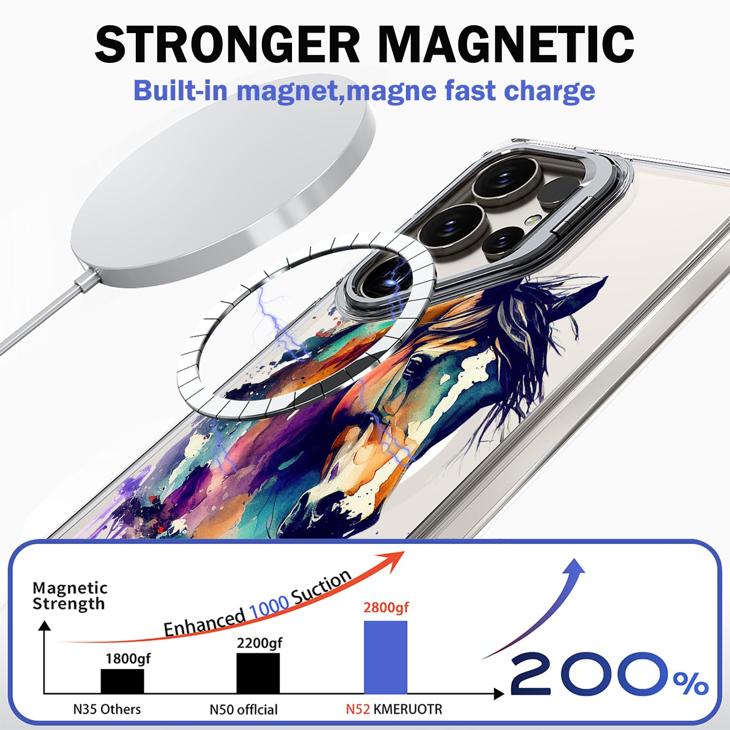 Ecute Strong Magnetic Slim Drop Protective Case With Camera Ring Kickstand For Samsung Galaxy S24 Ultra - Color Graffiti Horse