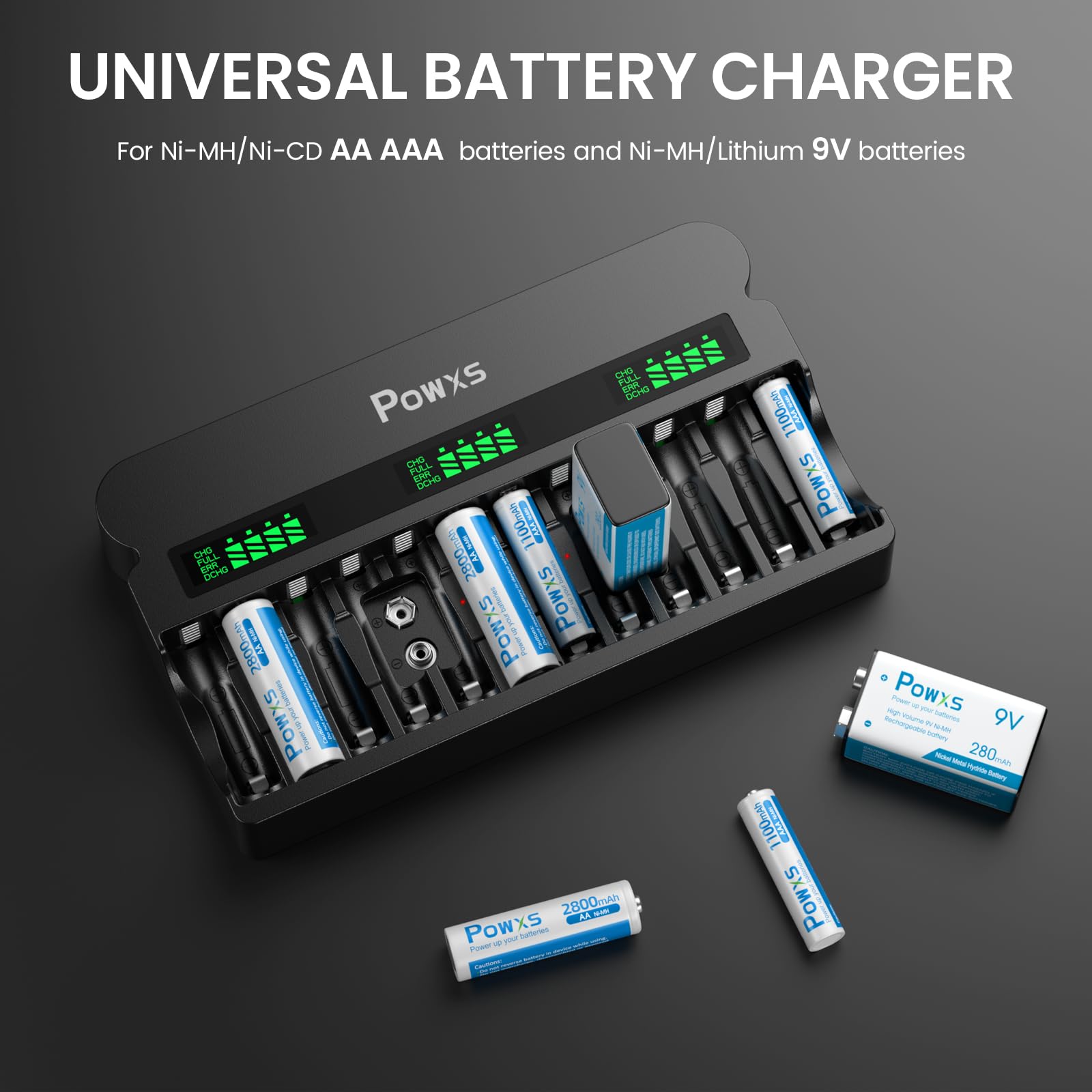 Powxs Rechargeable Aa Aaa 9V Battery Charger With 1800Ma High Speed, 12 Bay Independent Battery Charger For 1.2V Ni Mh Ni Cd Aa