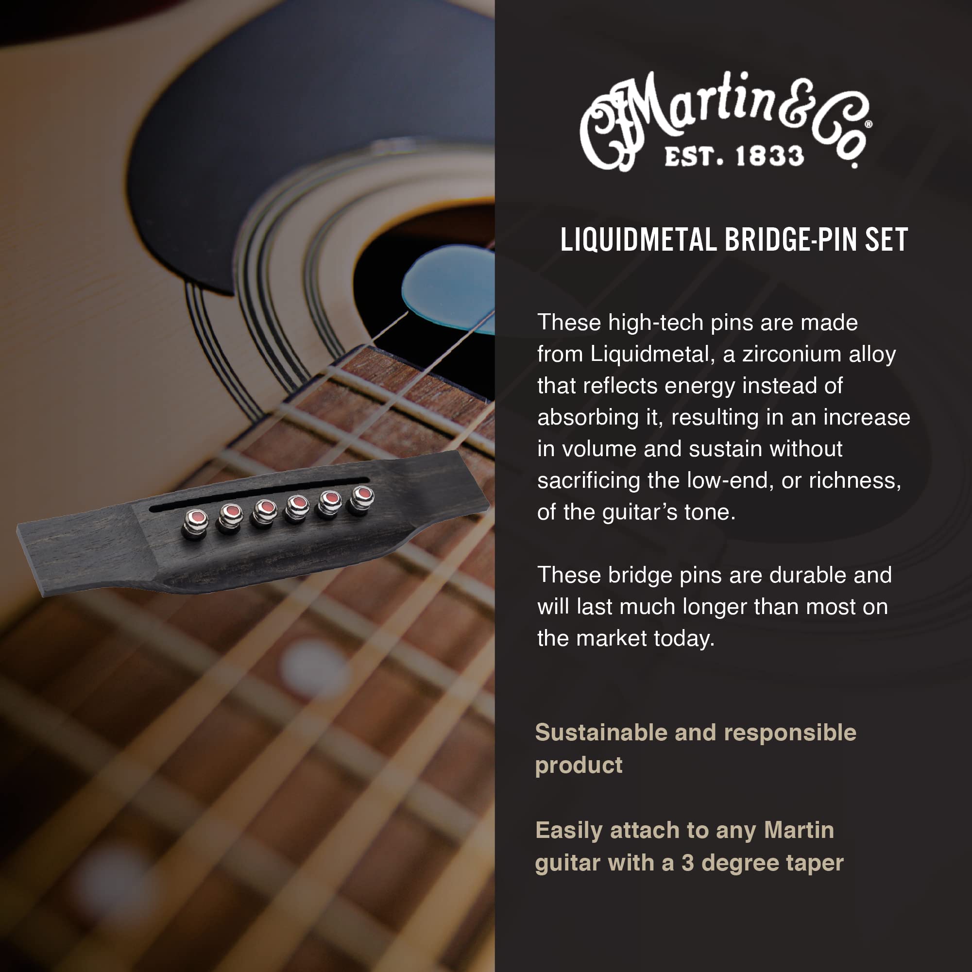 Martin Guitar Luxe By Martin Acoustic Guitar Bridge Pins, Acoustic Guitar Bridge-Pin Set, Chrome With Red Inlay, 6 Pins Per Pack