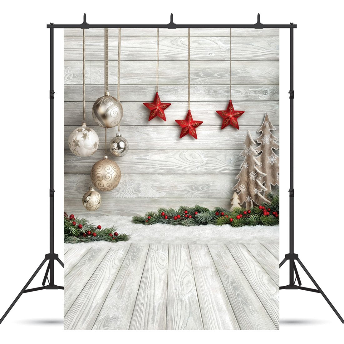 Sjoloon Christmas Backdrop Balls White Wood Floor Photography Backdrop Christmas Backdrops For Photography Photo Backdrops Studio Background 10383(5X7Ft)